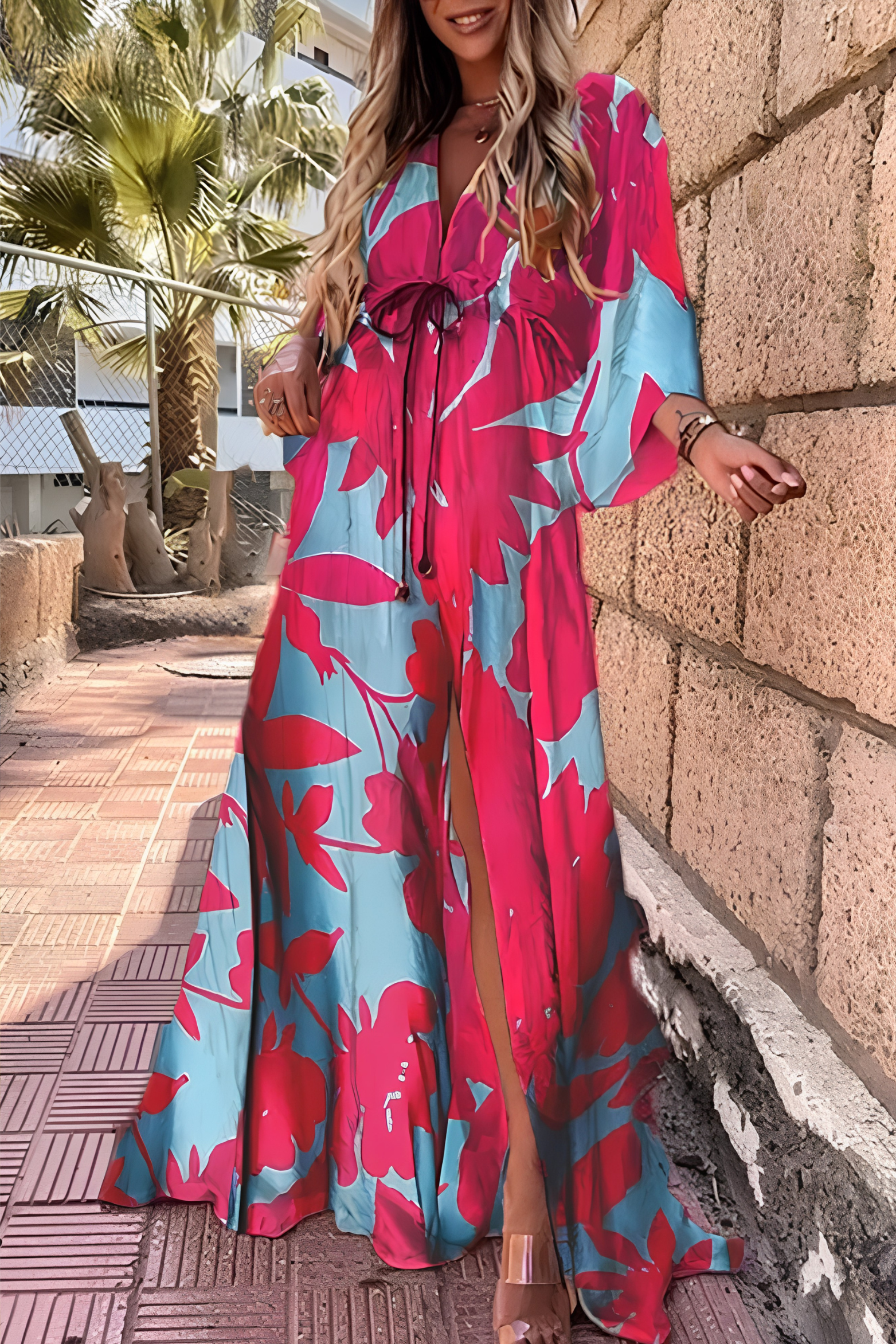 Abstract Print V Neck Maxi Dress with Kimono Sleeves and Side Split