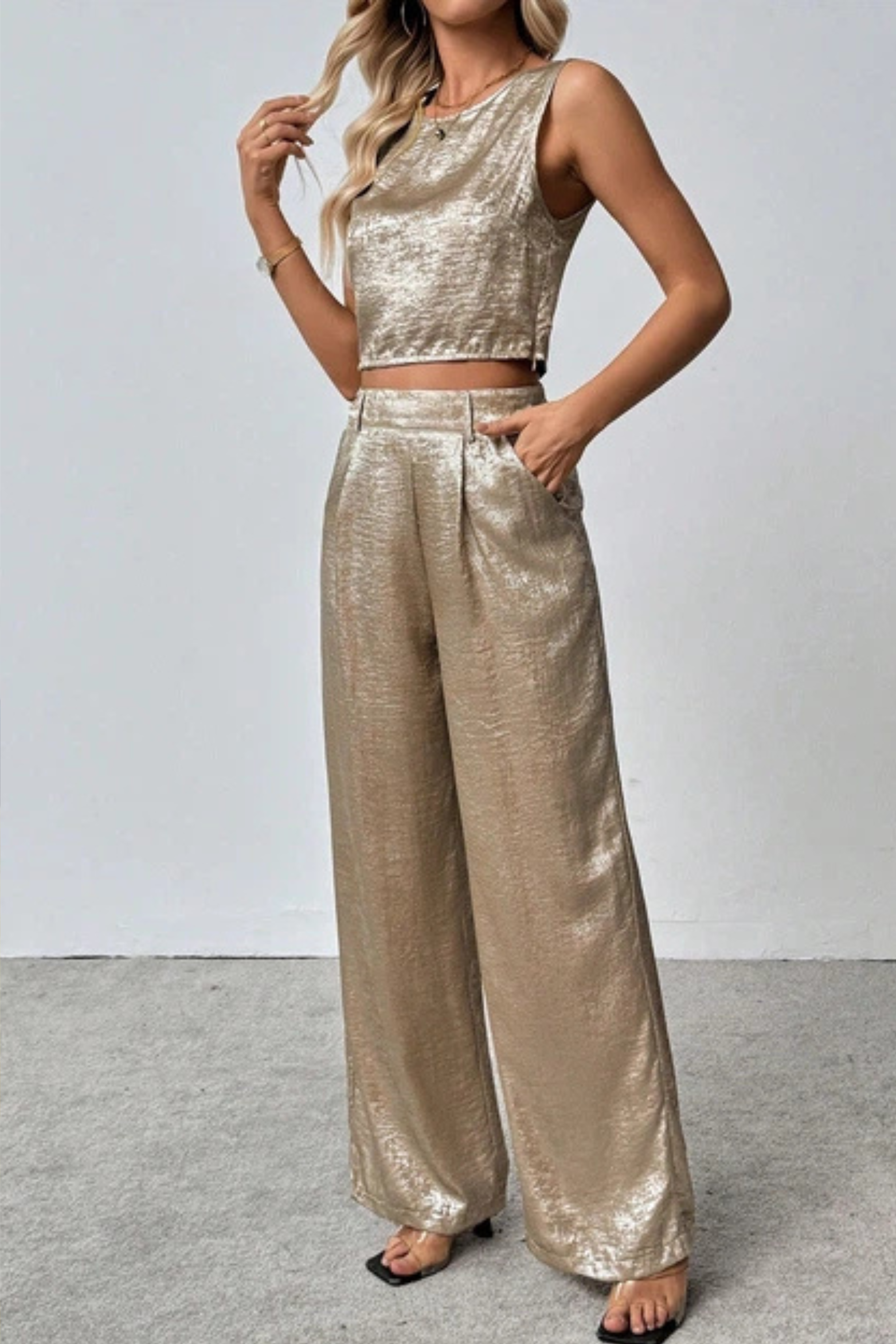 Metallic Crop Tank and Wide Leg Pants Co Ord Set
