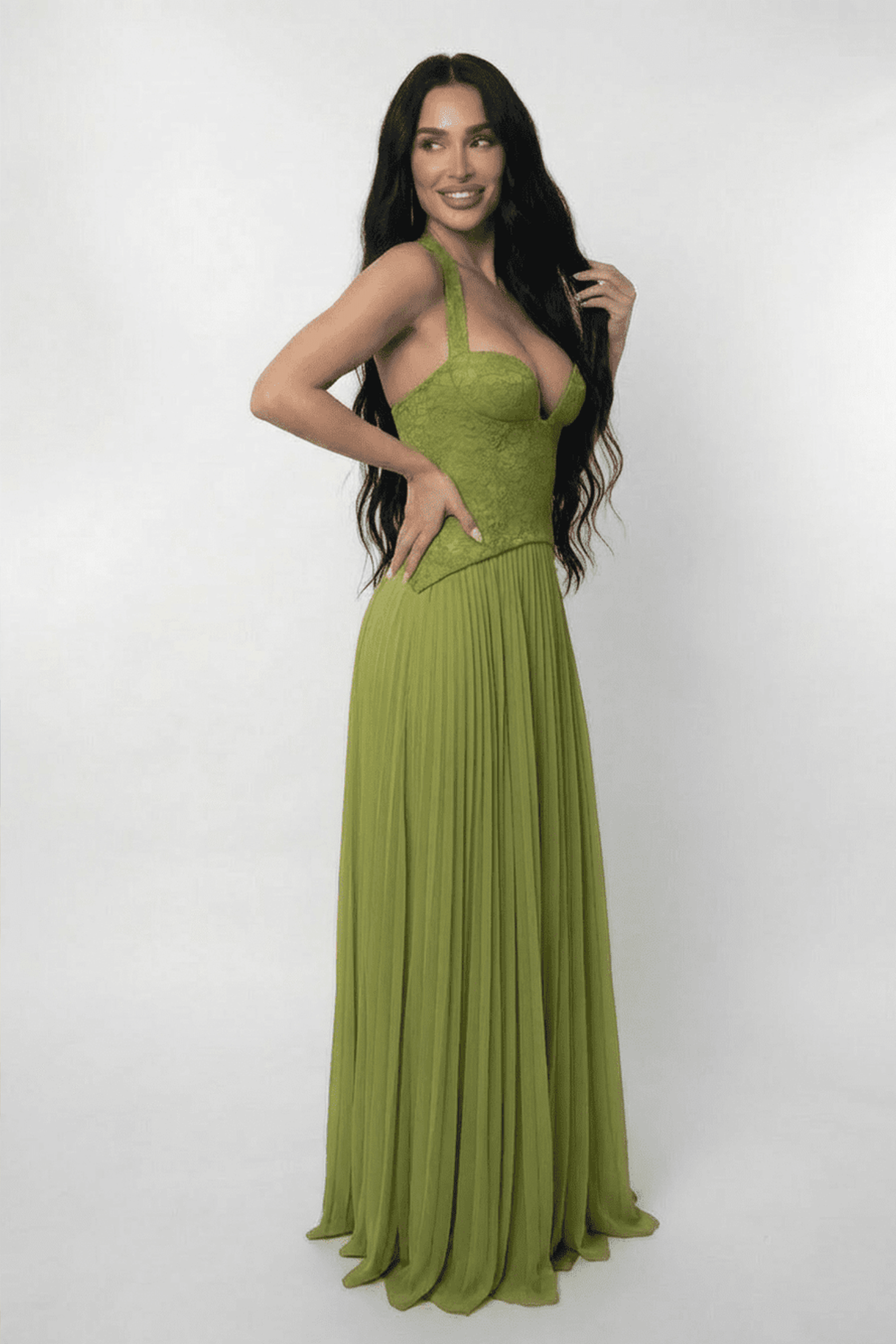 Lace Halter Pleated Maxi Dress