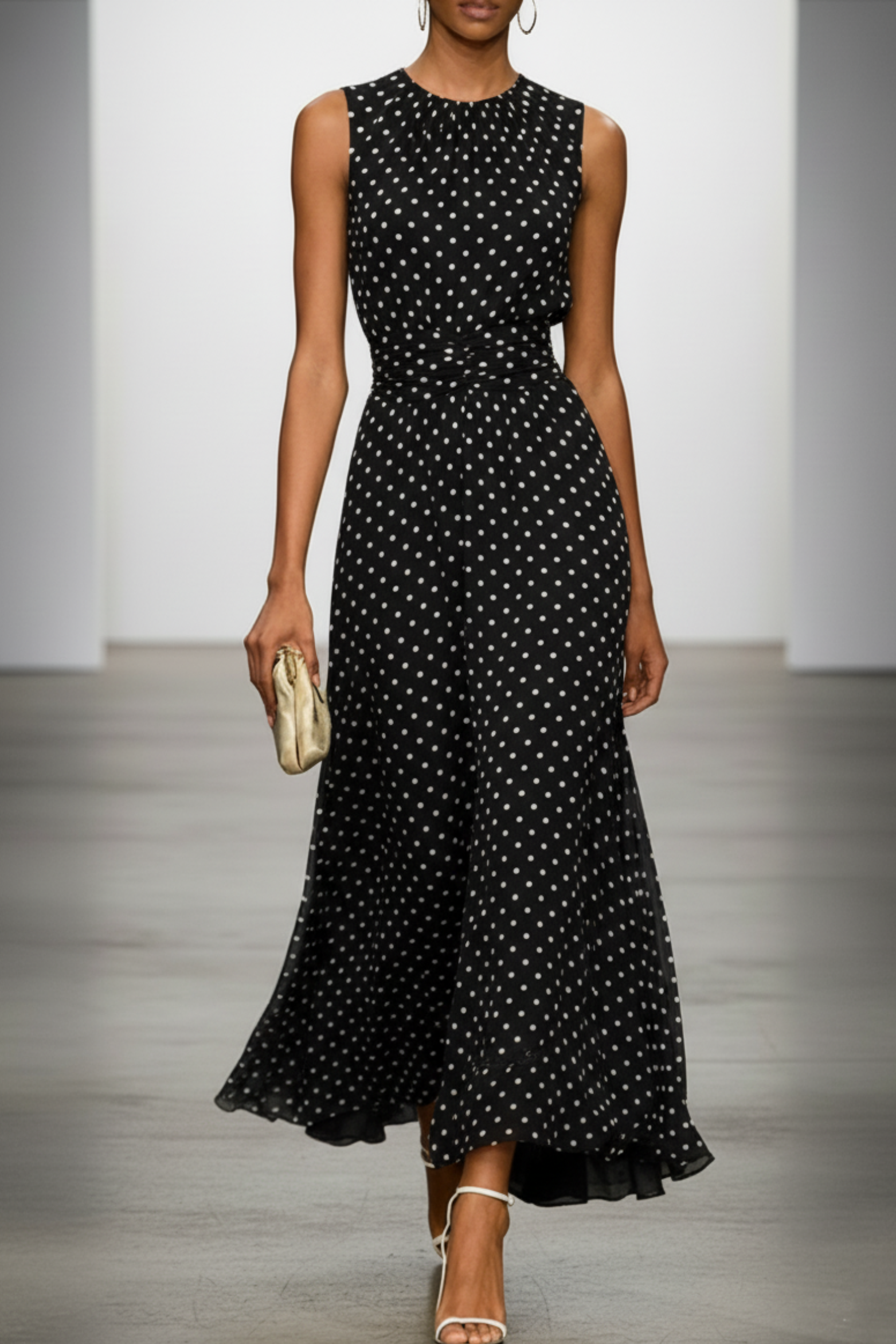 Ruched Chiffon Polkadot Maxi Dress with A Line Silhouette