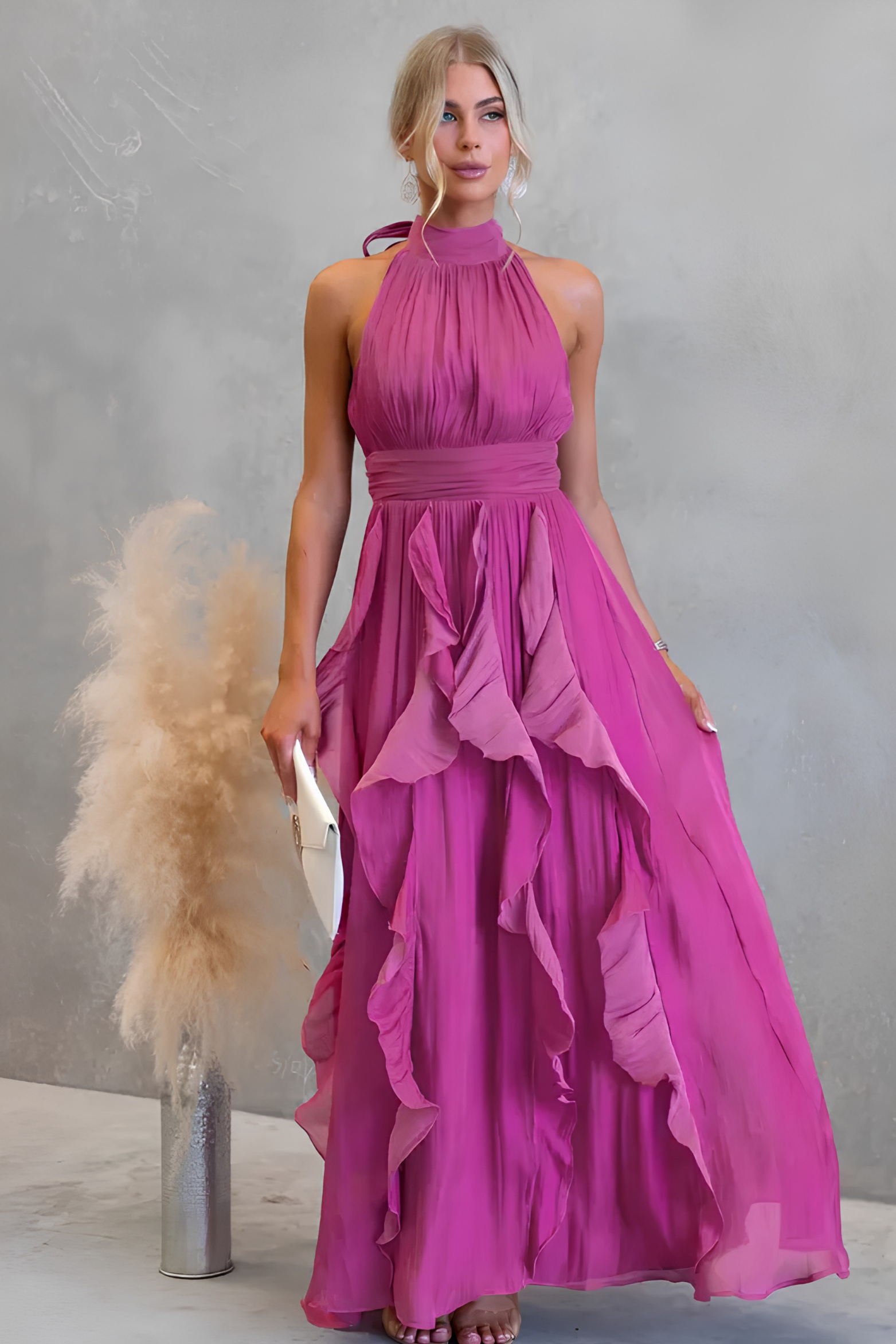 Coral Metallic Chiffon Ruffle Tie Neck Maxi Dress