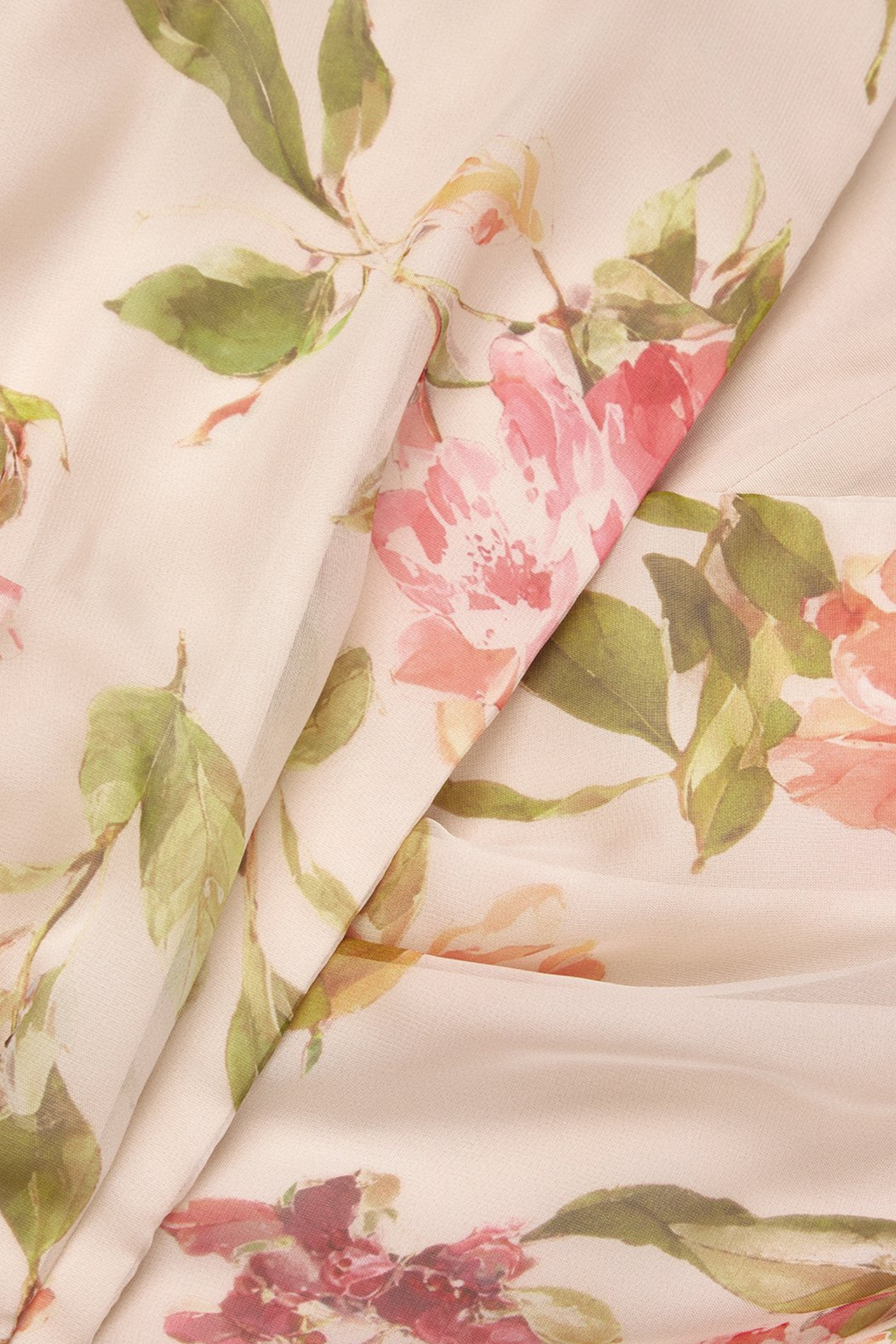 Soft Beige Floral Chiffon Midi Dress with Ruched V Neck