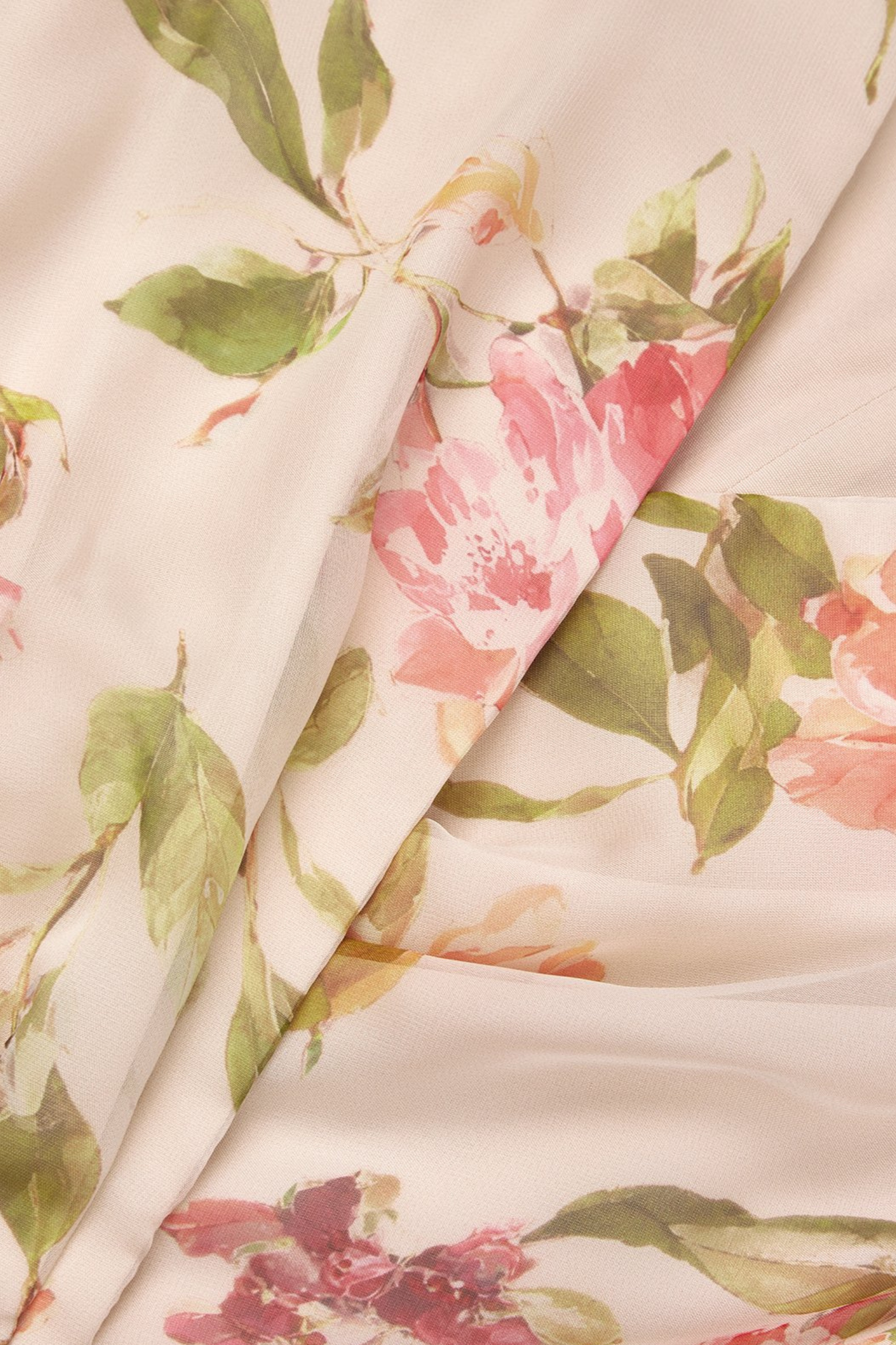 Soft Beige Floral Chiffon Midi Dress with Ruched V Neck