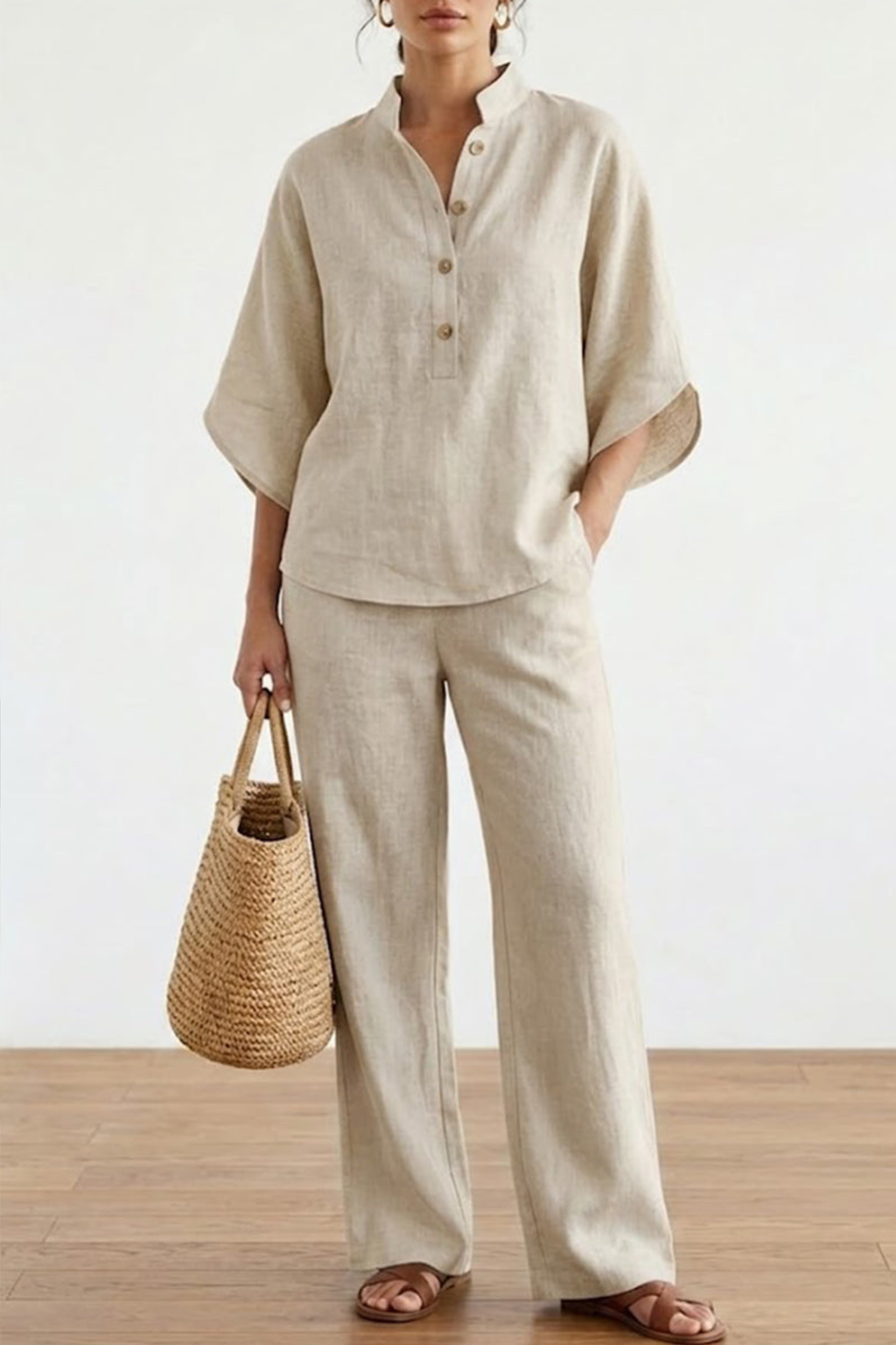 Casual Batwing Sleeve Linen Set