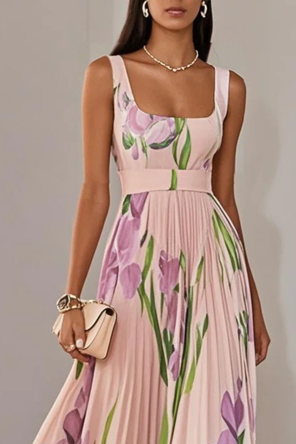 Floral Pleated Chiffon Square Neck Maxi Dress