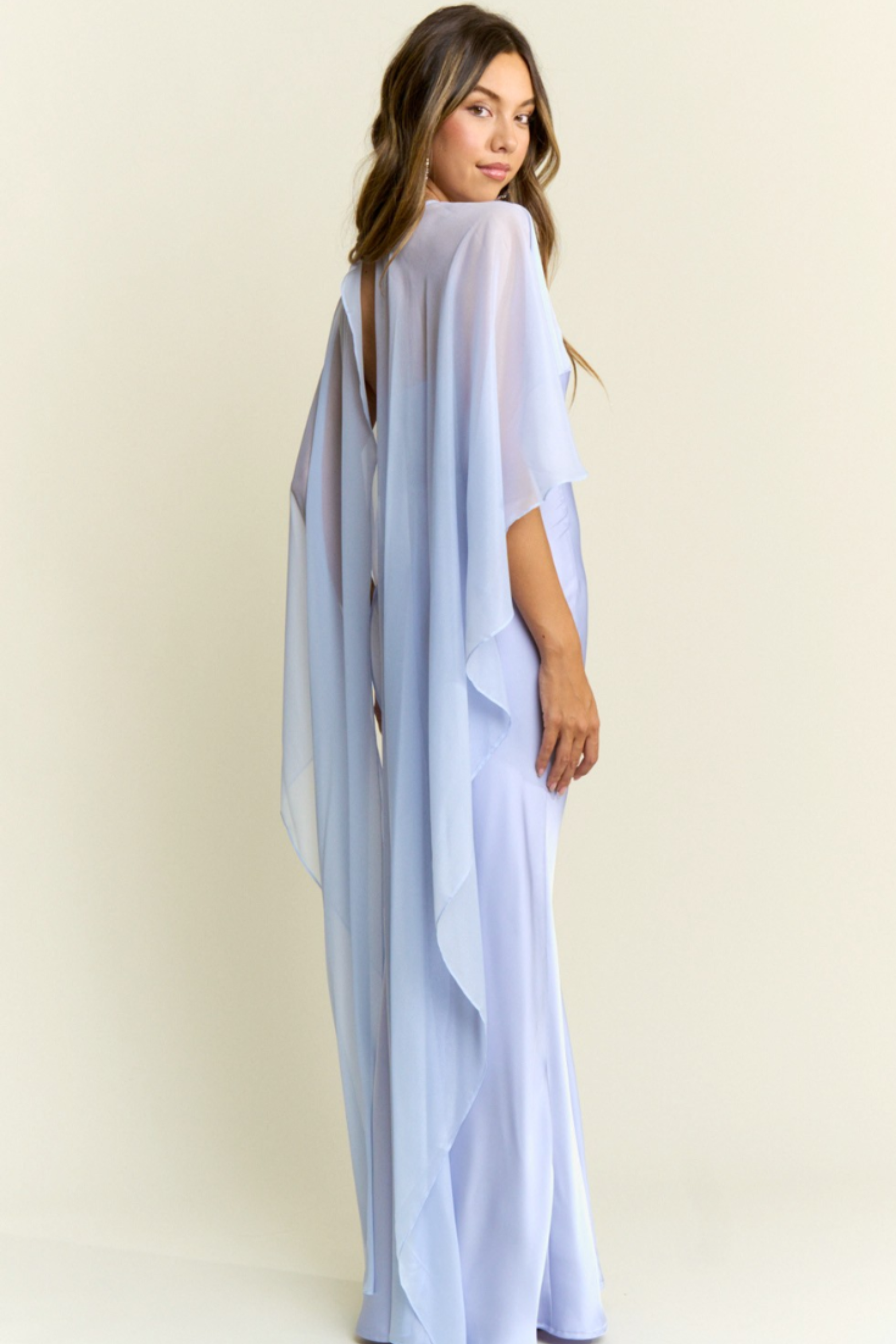 Silky Blue Maxi Dress with Cape Overlay