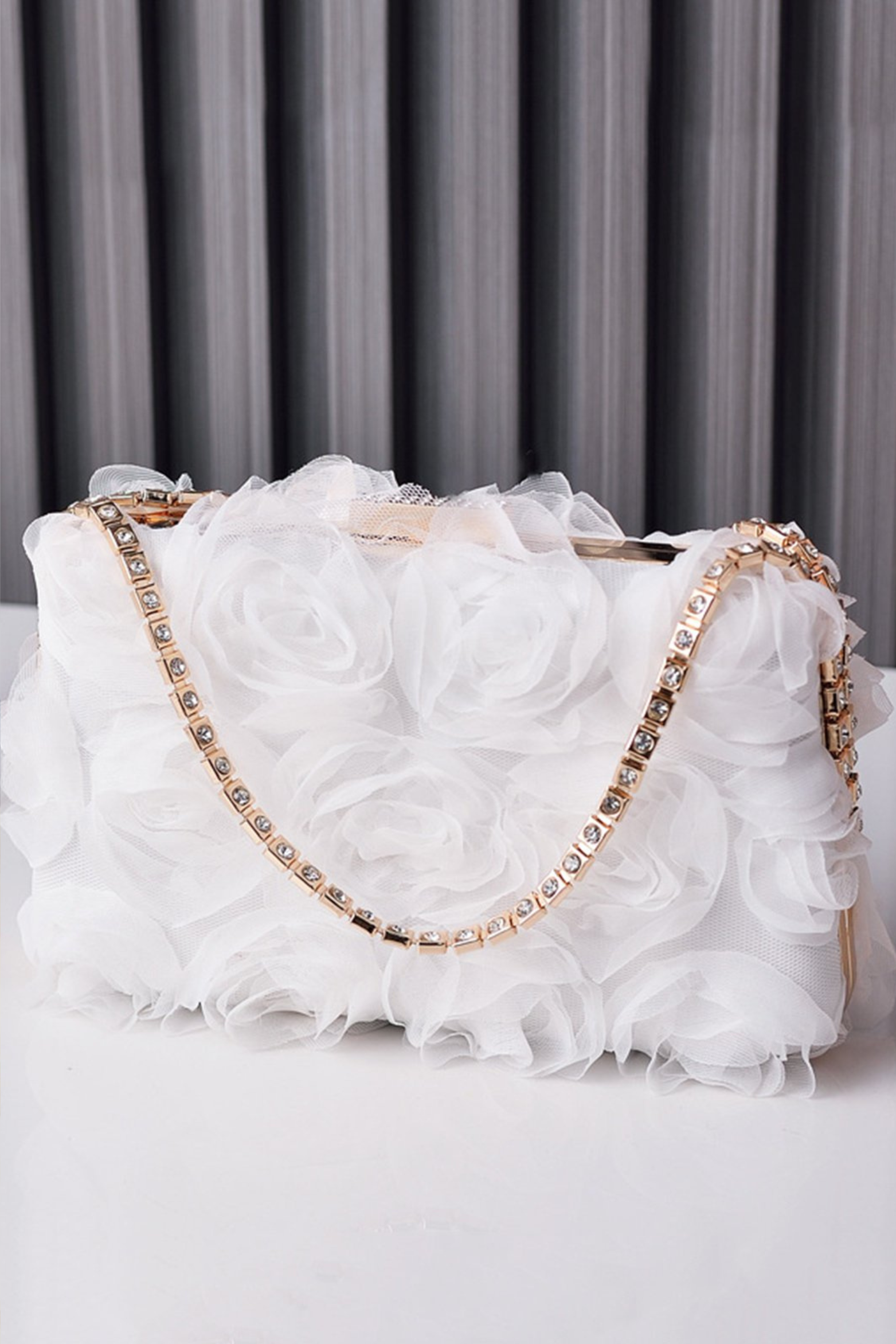 Floral Mesh Evening Clutch with Rhinestone Handle