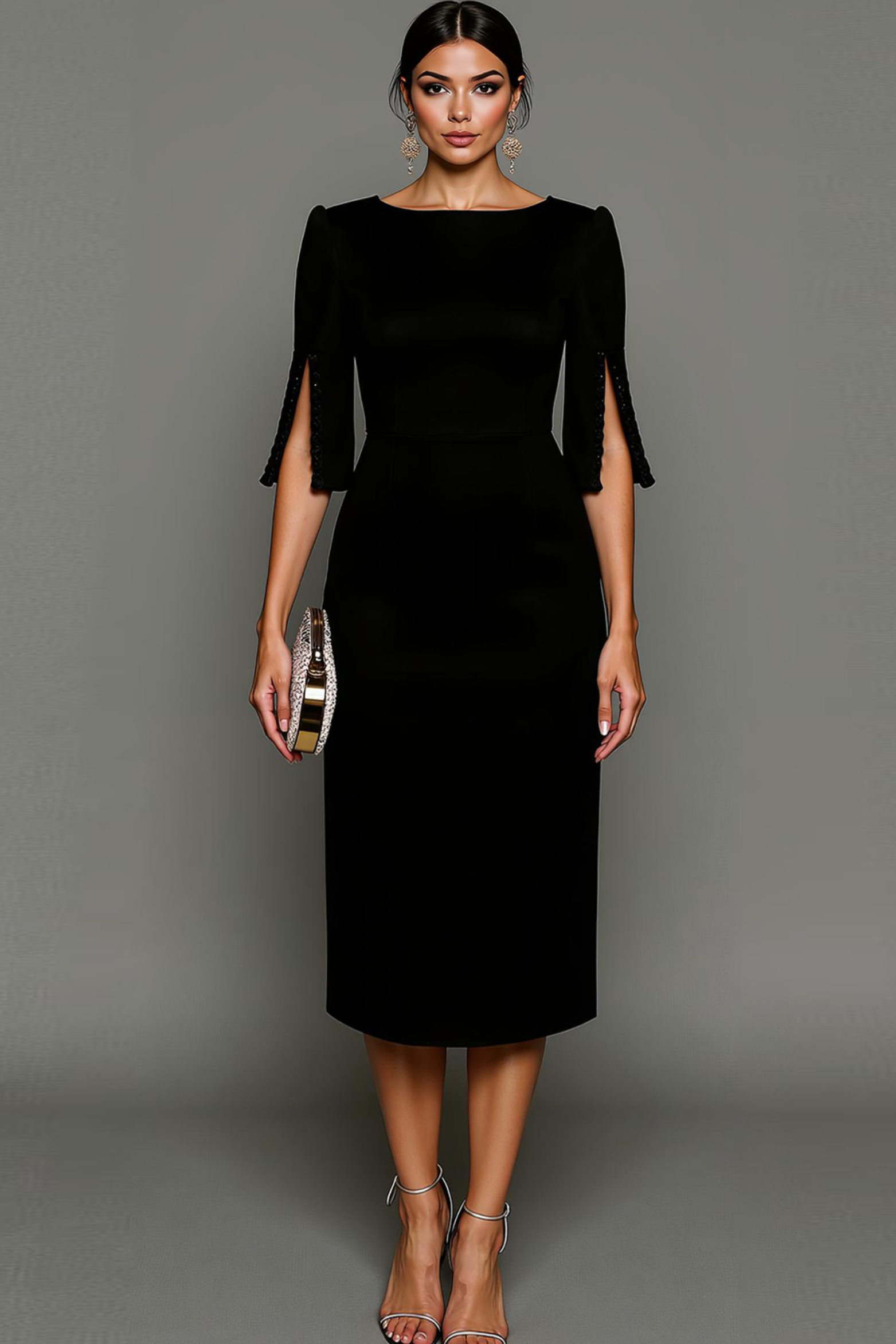 Bateau Neck Sheath Midi Formal Dress, White / M