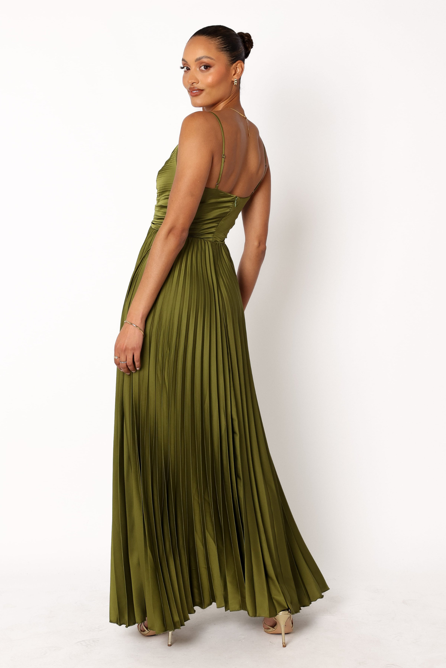 Pleated Satin Maxi Dress with V Neckline