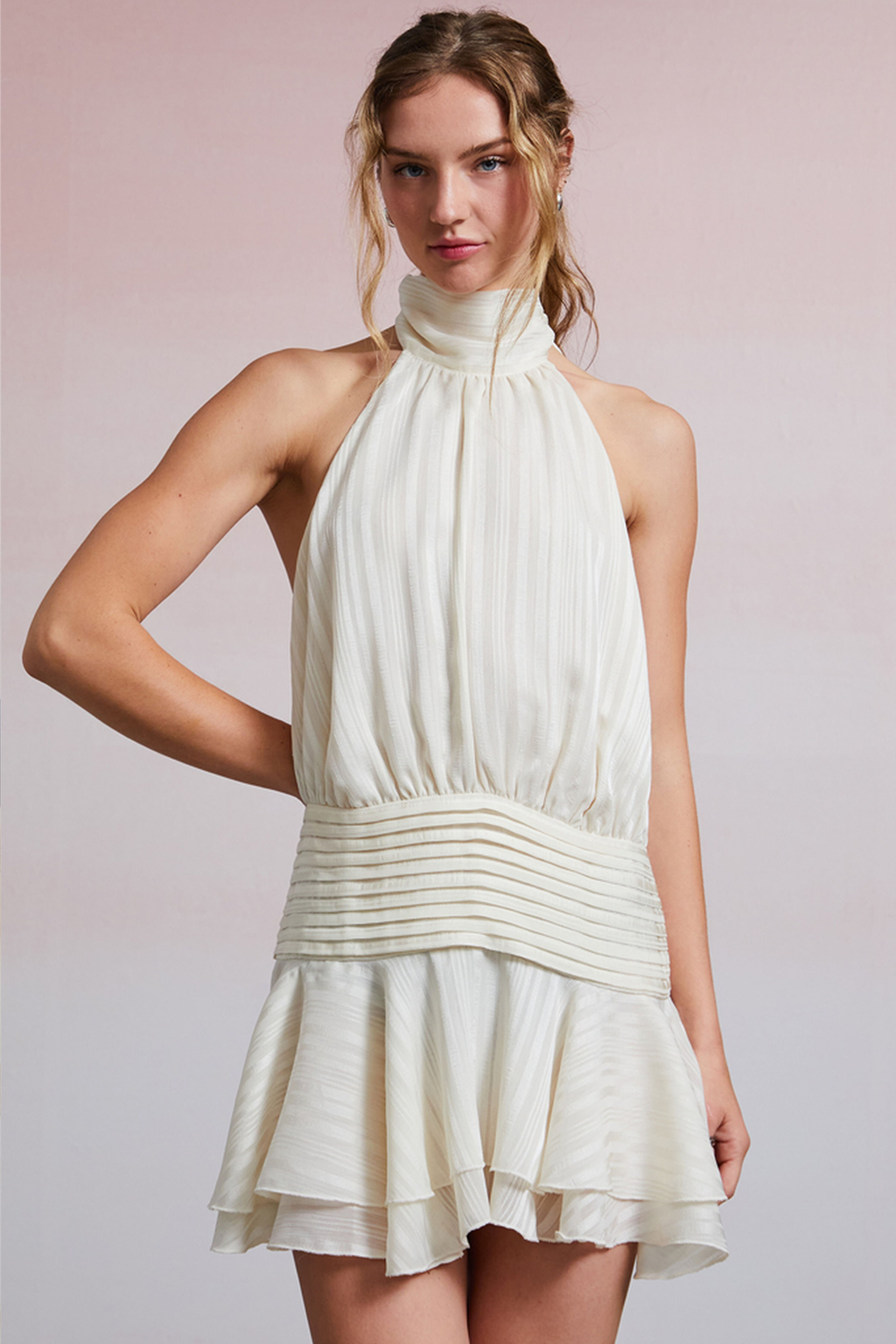 Romantic Silk Chiffon Halter Neck Mini Dress with Open Back