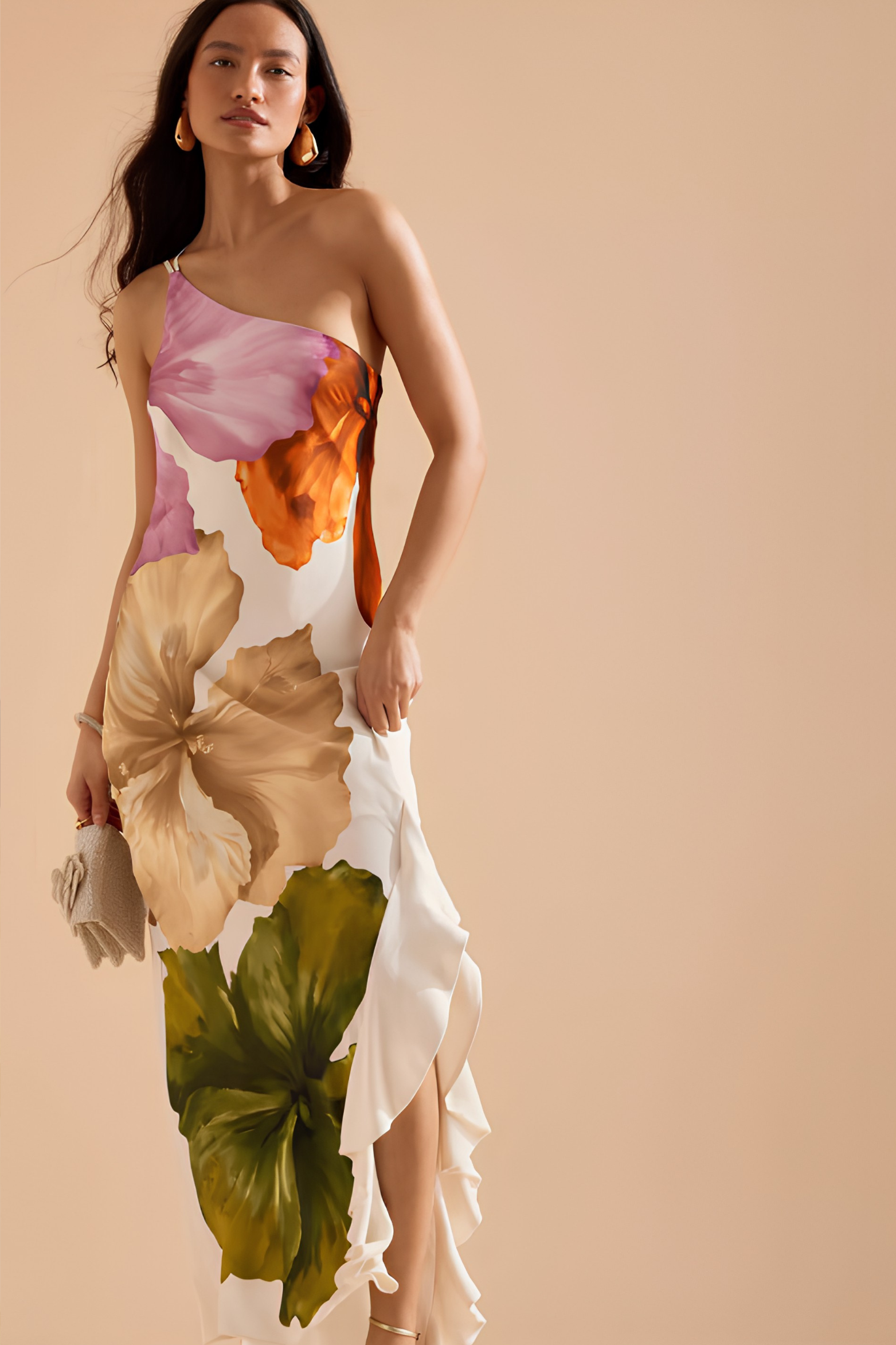 Asymmetrical Floral One Shoulder Maxi Dress