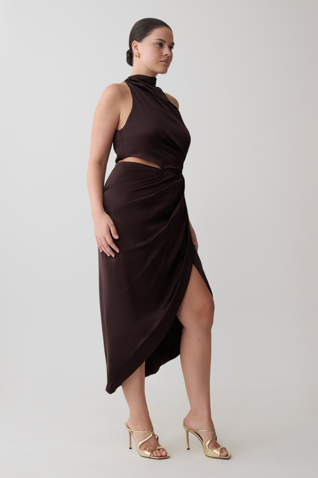 Draped Halter Midi Dress - Dark Chocolate
