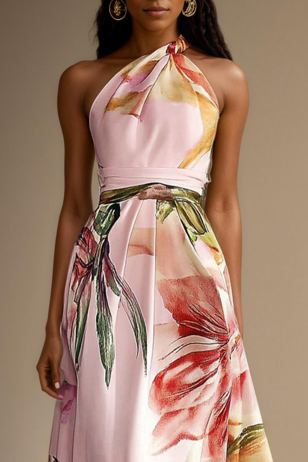 Pink Floral Satin One Shoulder Maxi Dress