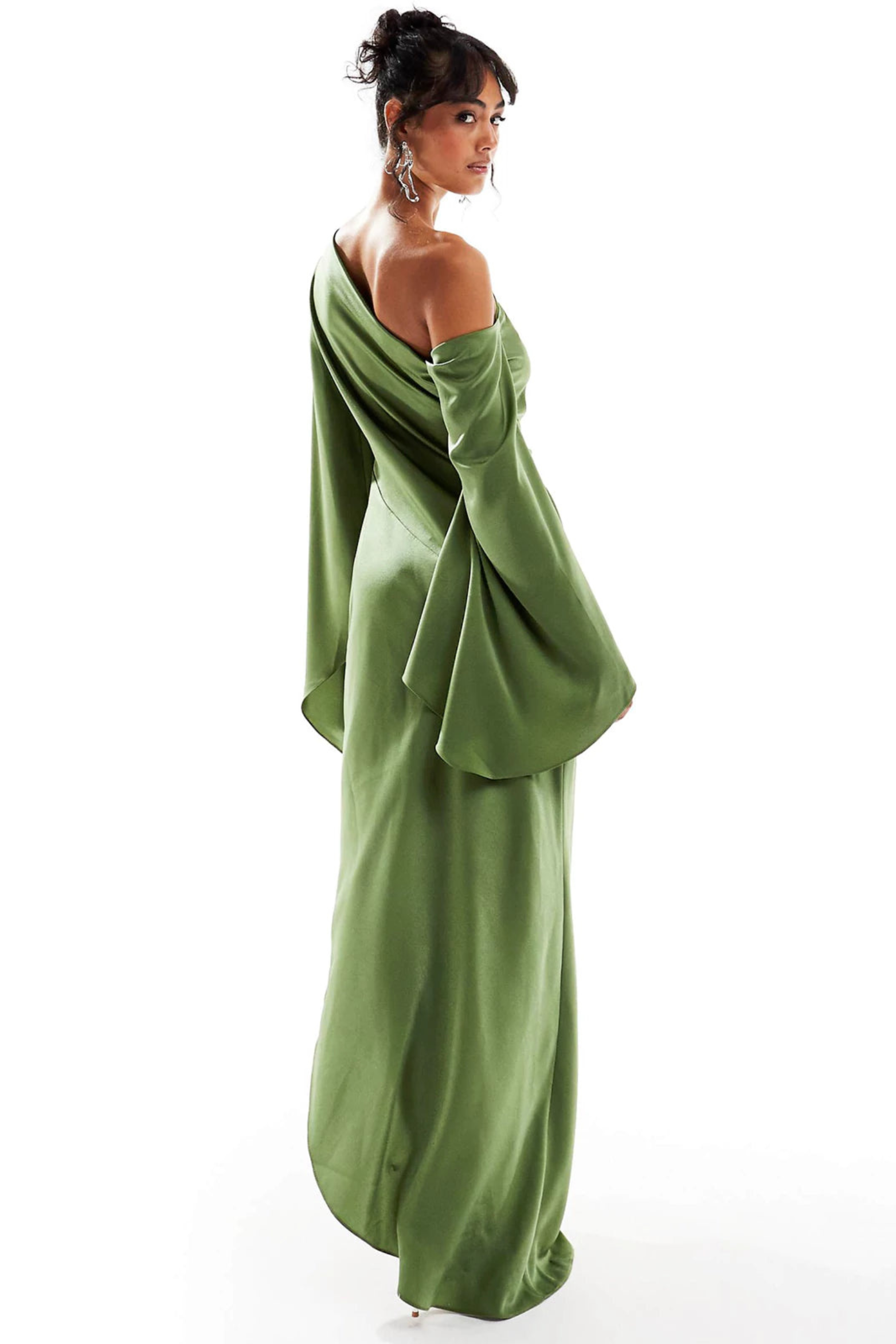 Green Asymmetrical Hem Satin Maxi Dress