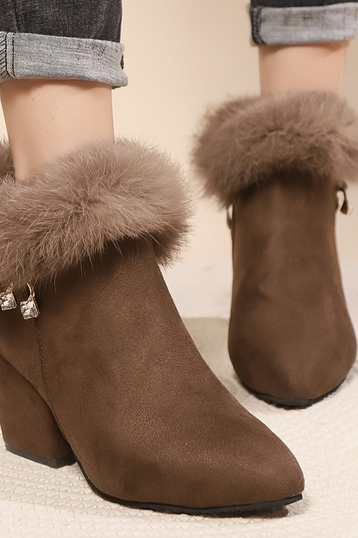 Pointed Toe Plush Trim Block Heel Boots