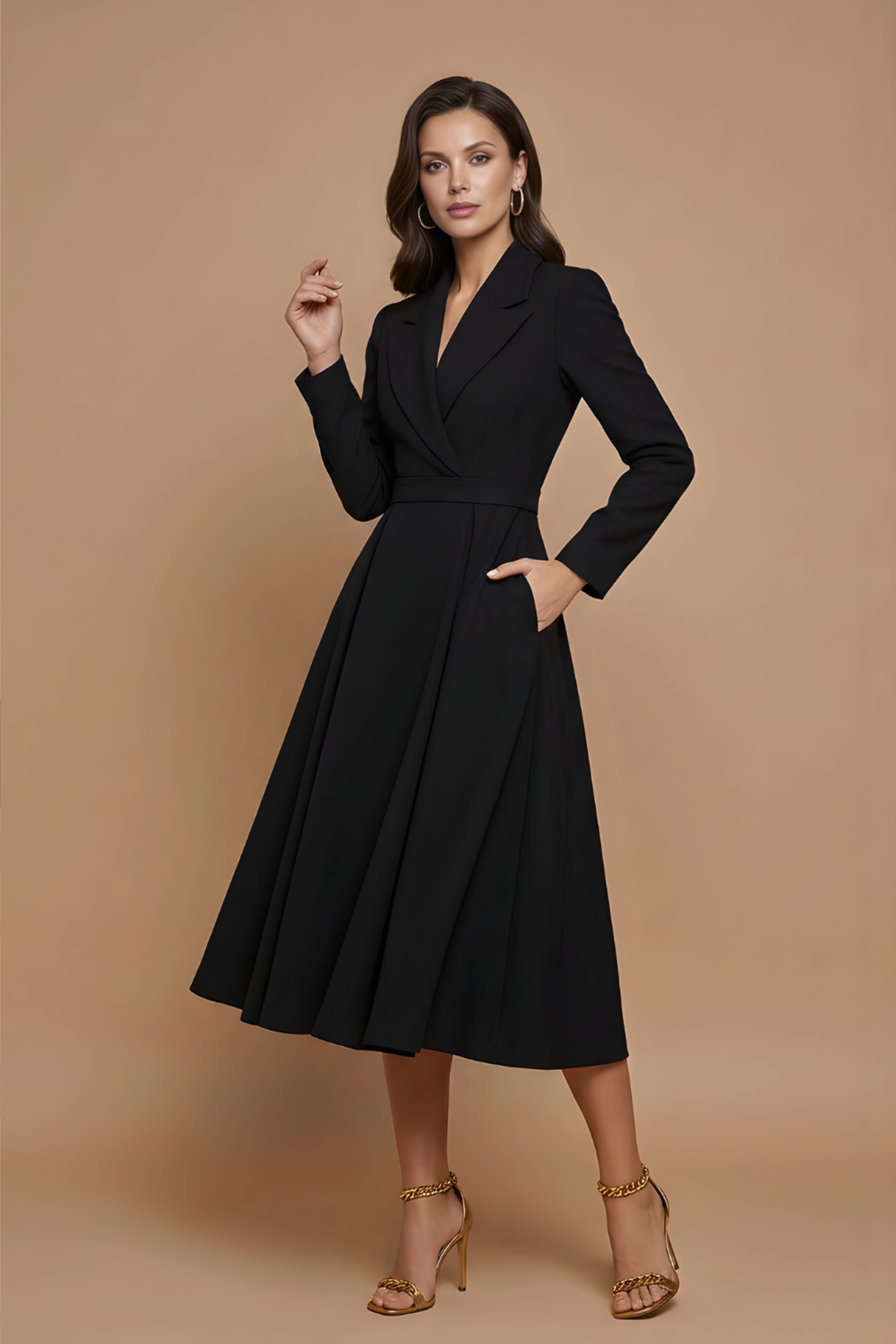 Pleated Midi Dress with Tailored Blazer Style Design