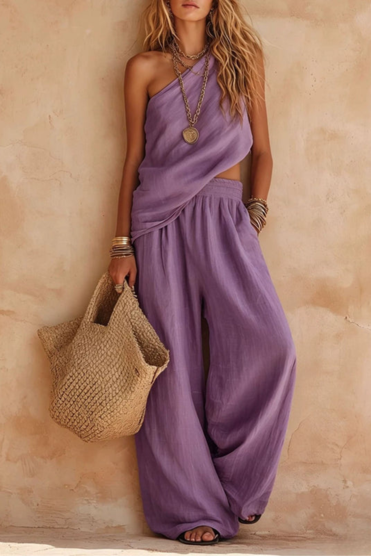 Sleeveless One Shoulder Trouser Set