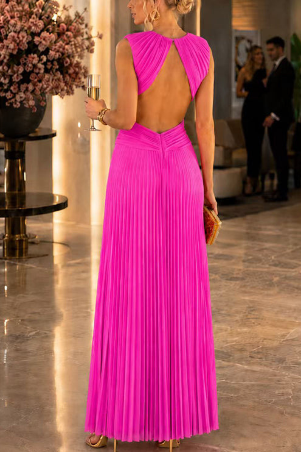 Pleated Open Back Sleeveless Maxi Dress