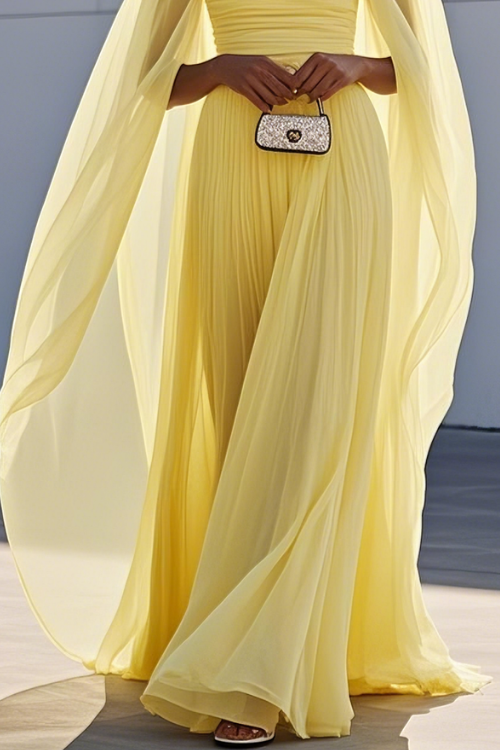 Pleated Chiffon A Line Maxi Dress with Square Neck