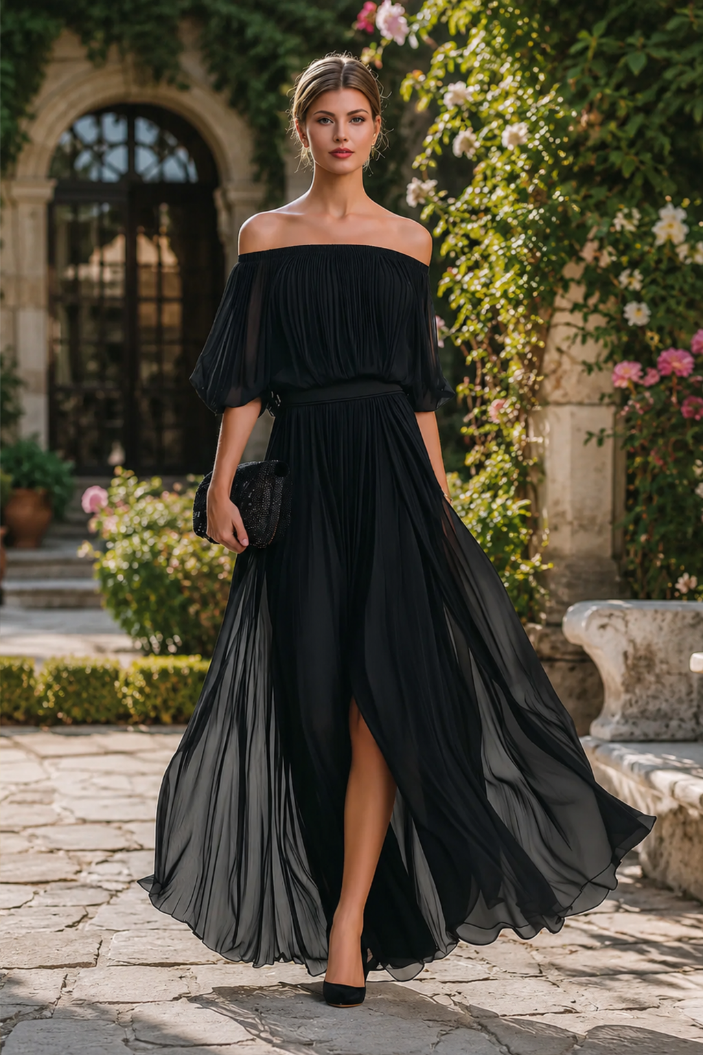 Pleated Chiffon Off Shoulder Maxi Dress