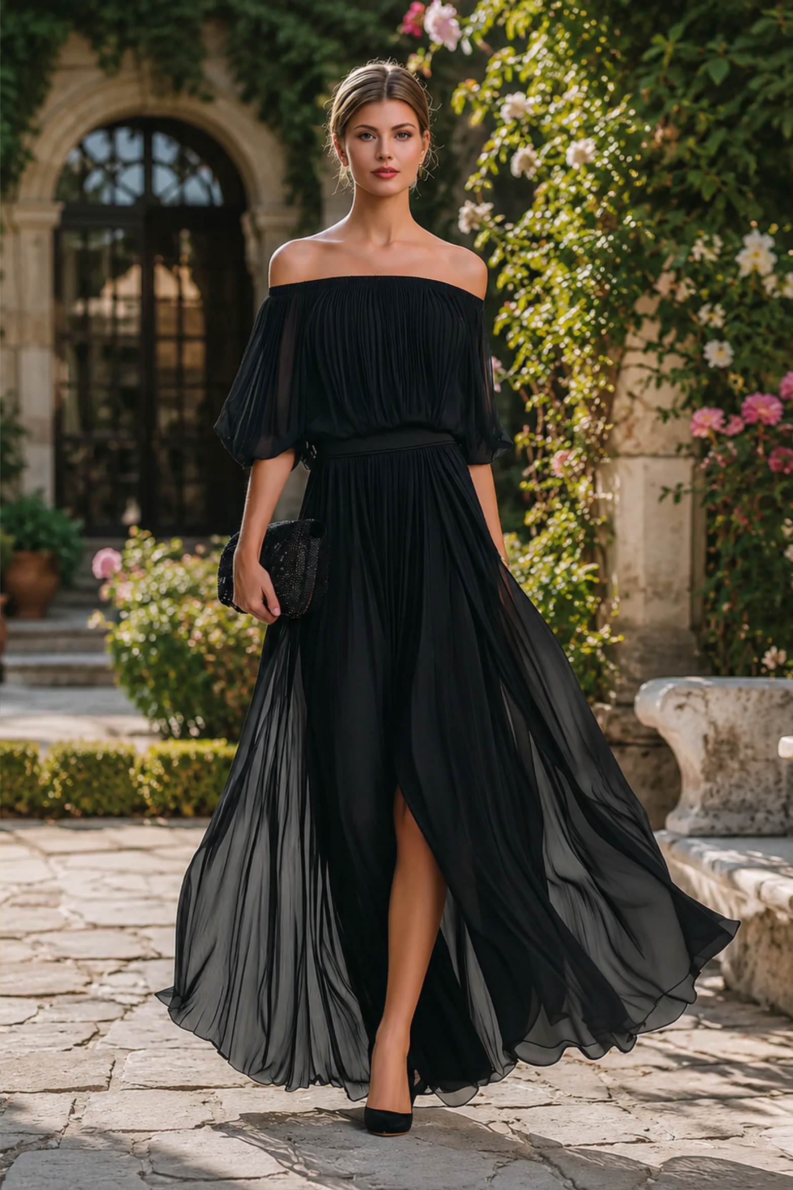 Pleated Chiffon Off Shoulder Maxi Dress