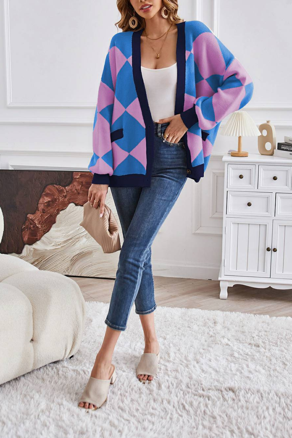 Women's Geometric Knit V Neck Cardigan