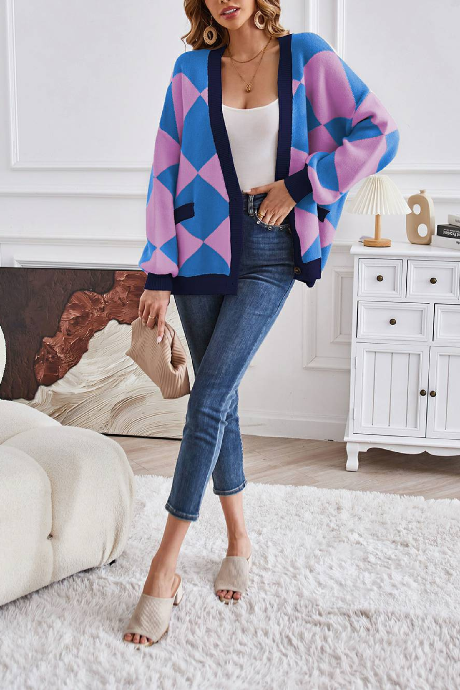 Women's Geometric Knit V Neck Cardigan