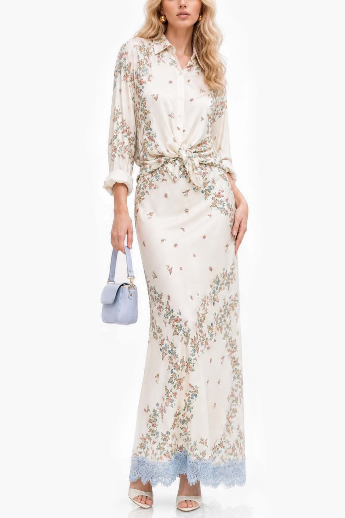 Floral Shirt Lace Hem Maxi Skirt Set