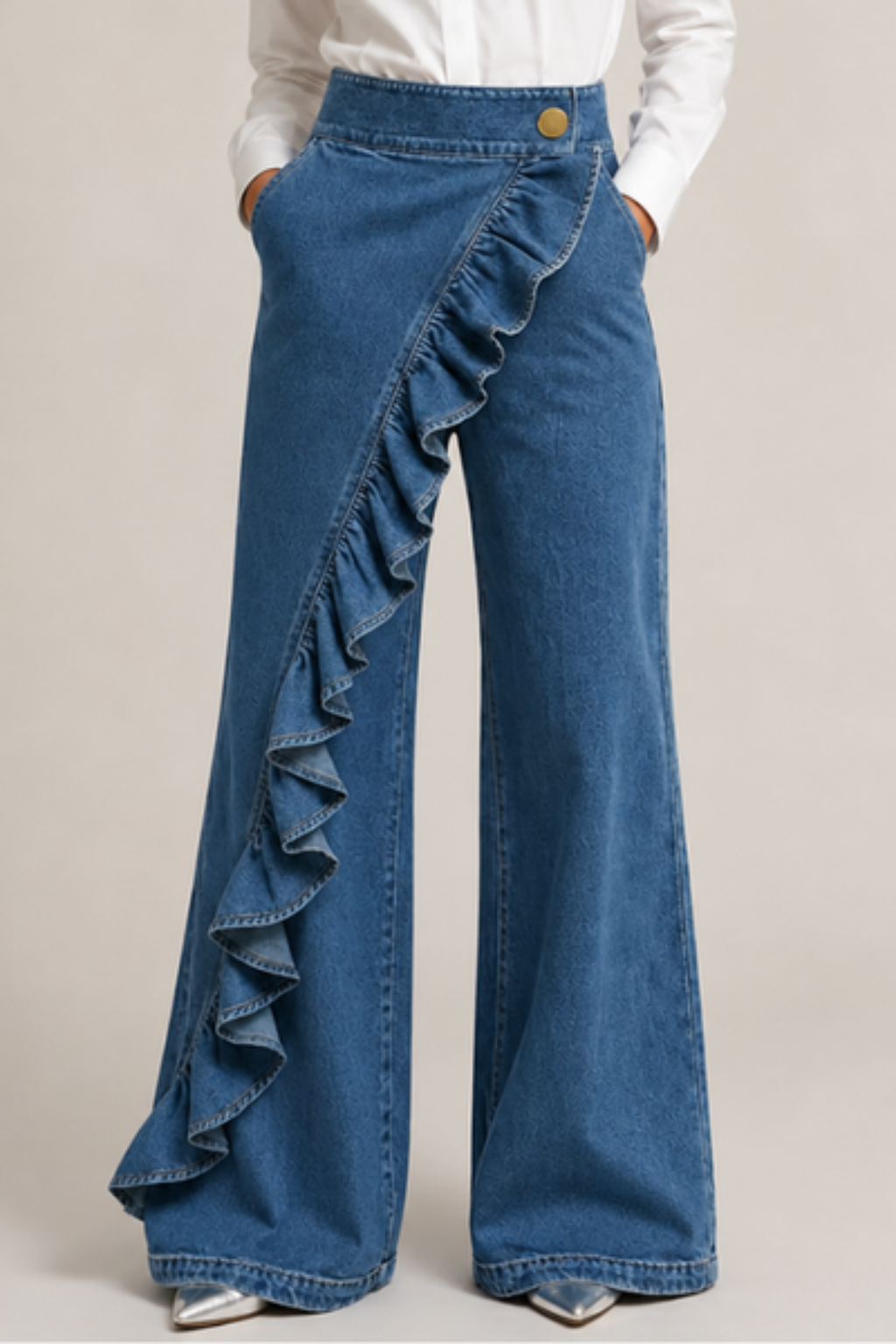 Asymmetrical Ruffle Mid Rise Wide Leg Jeans