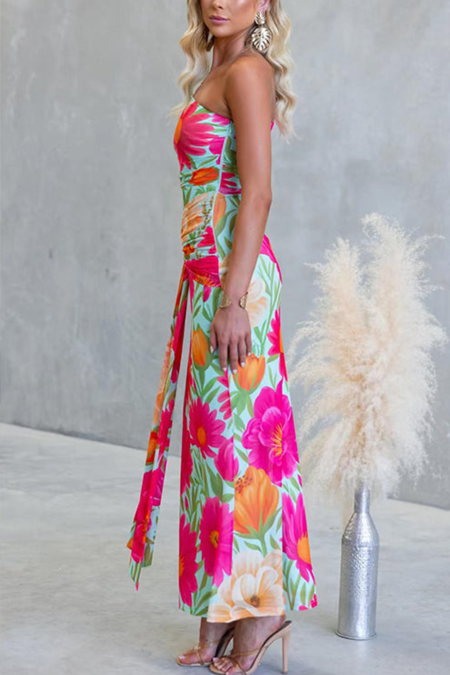 Romantic Floral One Shoulder Maxi Dress with Flowing Drape