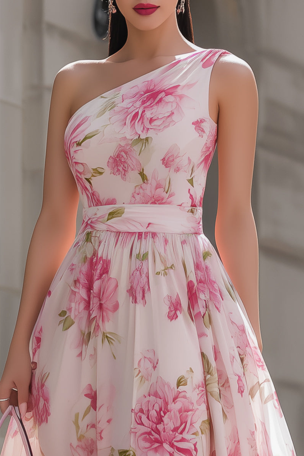 Floral One Shoulder Chiffon Midi Dress