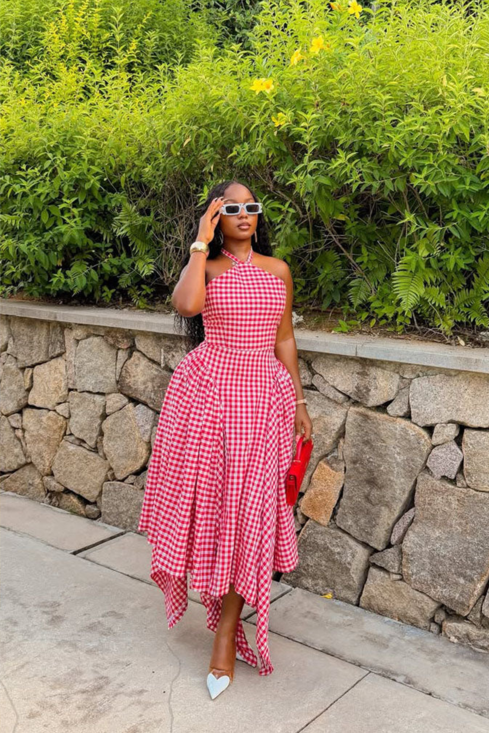 Asymmetric Gingham Midi Dress