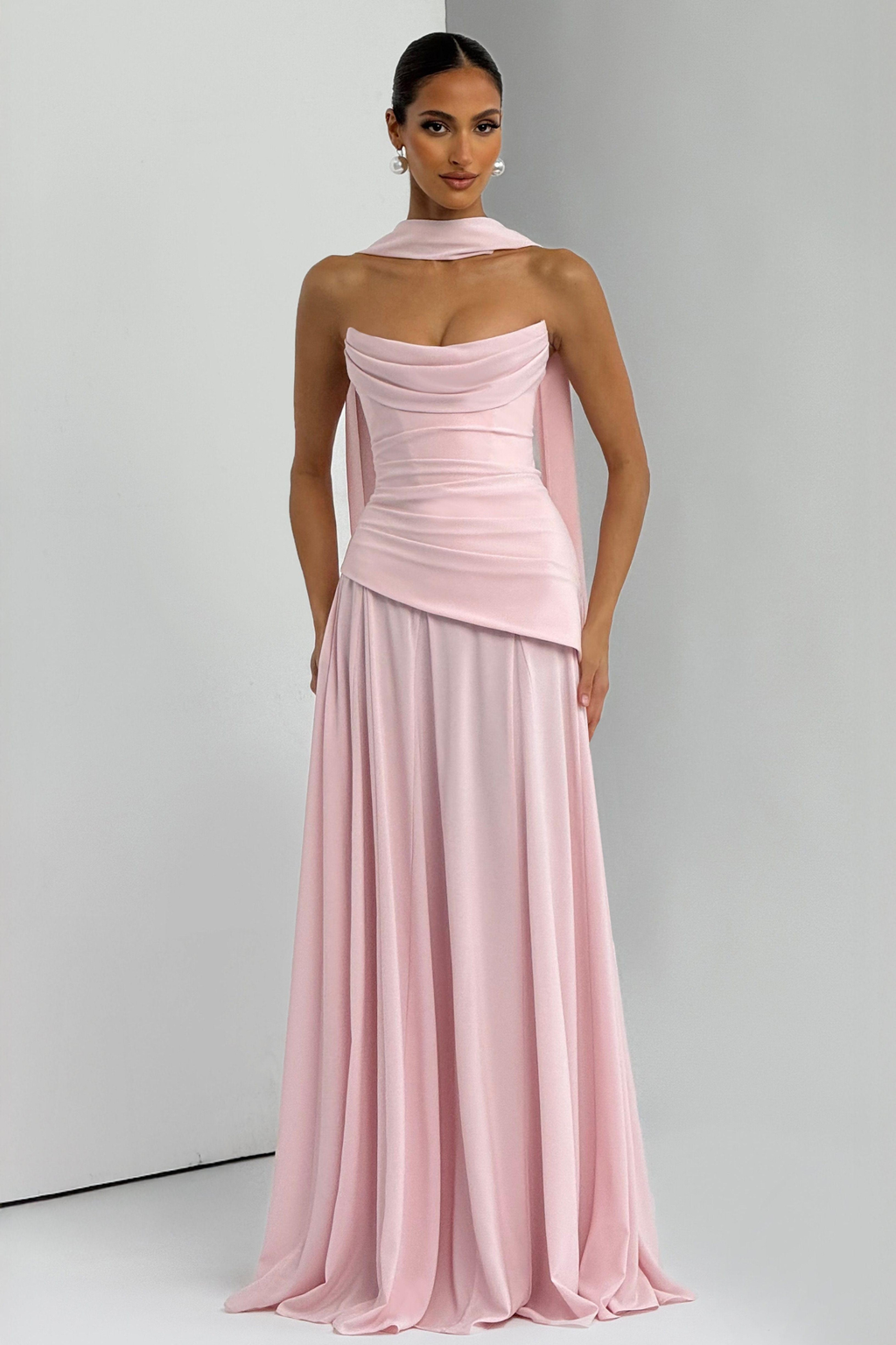 Ruched Off Shoulder Tie-Up Chiffon Maxi Dress
