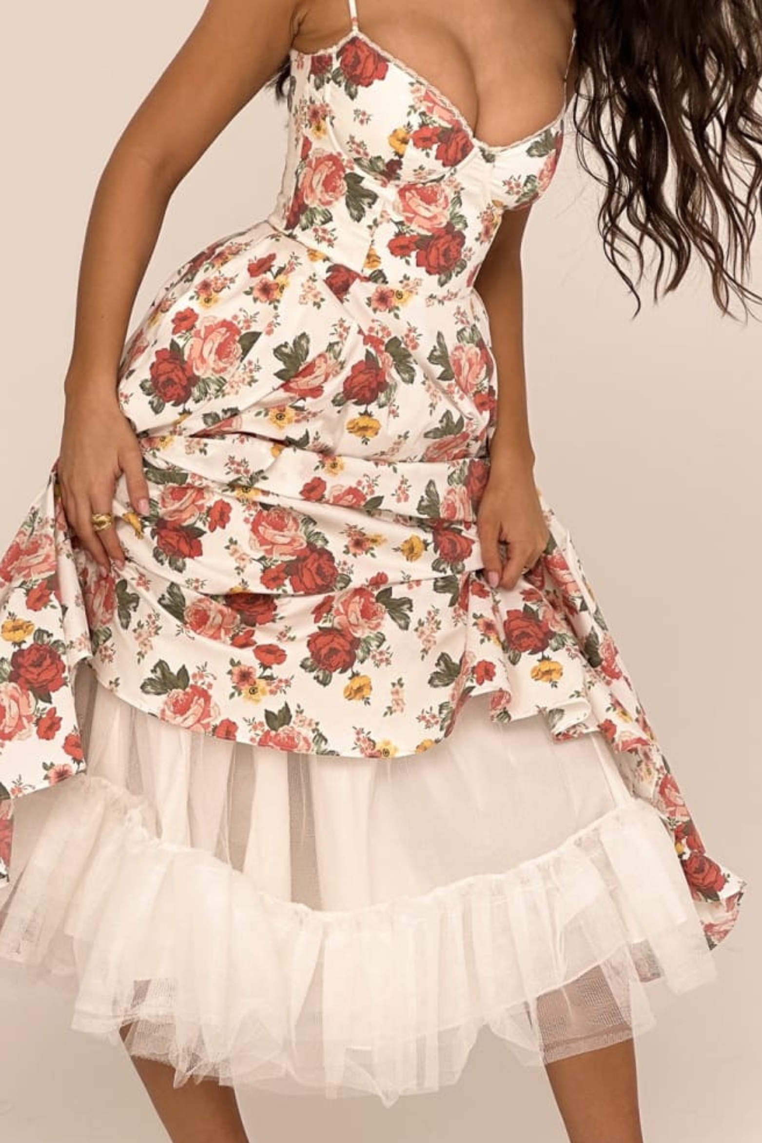 Rose Print Tulle Midi Dress Italian Style