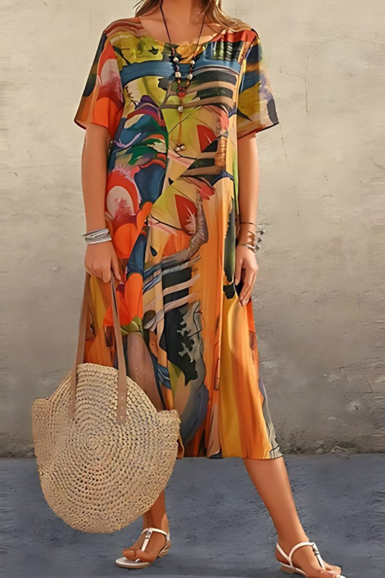 Relaxed Abstract Print Midi Dress with Short Sleeves