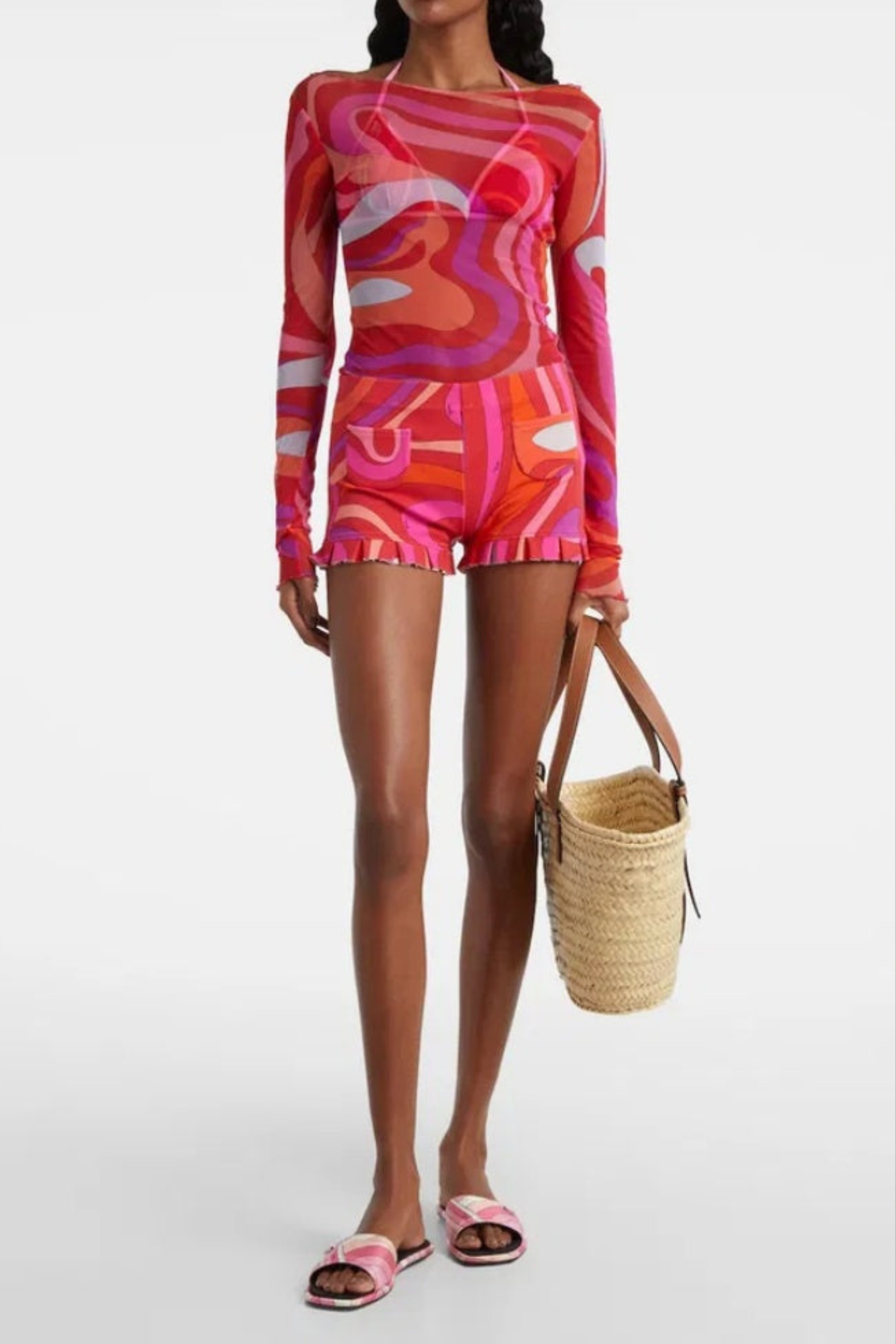 Women Sheer Mesh Swirl Print Short Set