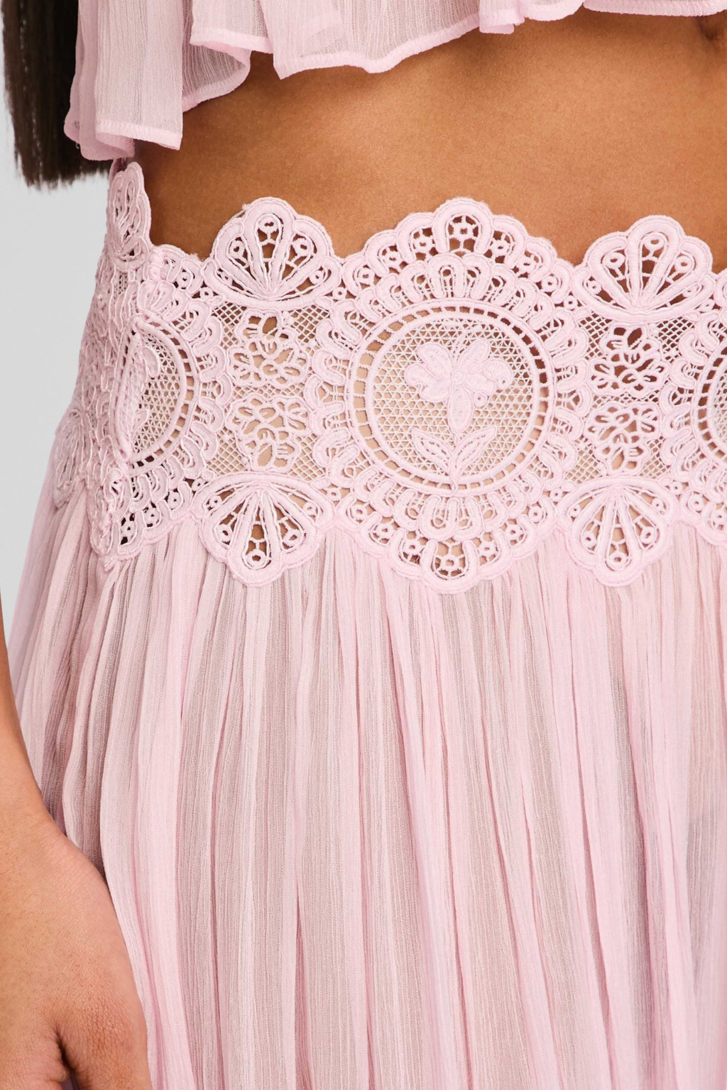 Blush Chiffon Two-Piece Set with Lace Trim Wide-Leg Pants