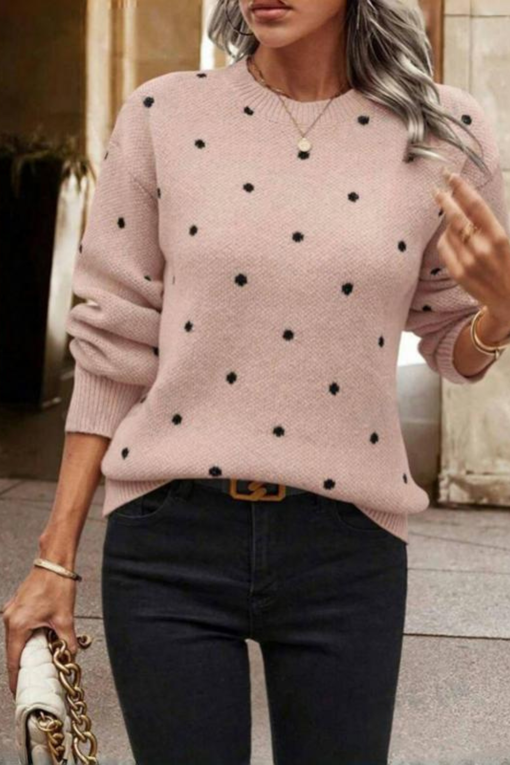Polka Dot Relaxed Round Neck Sweater