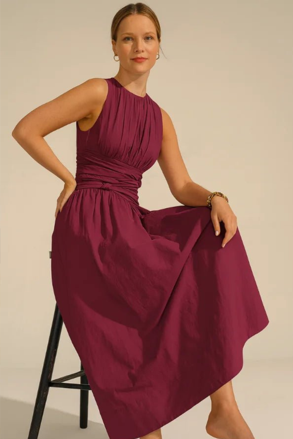 Elodie Ruched Waist Sleeveless Midi Dress