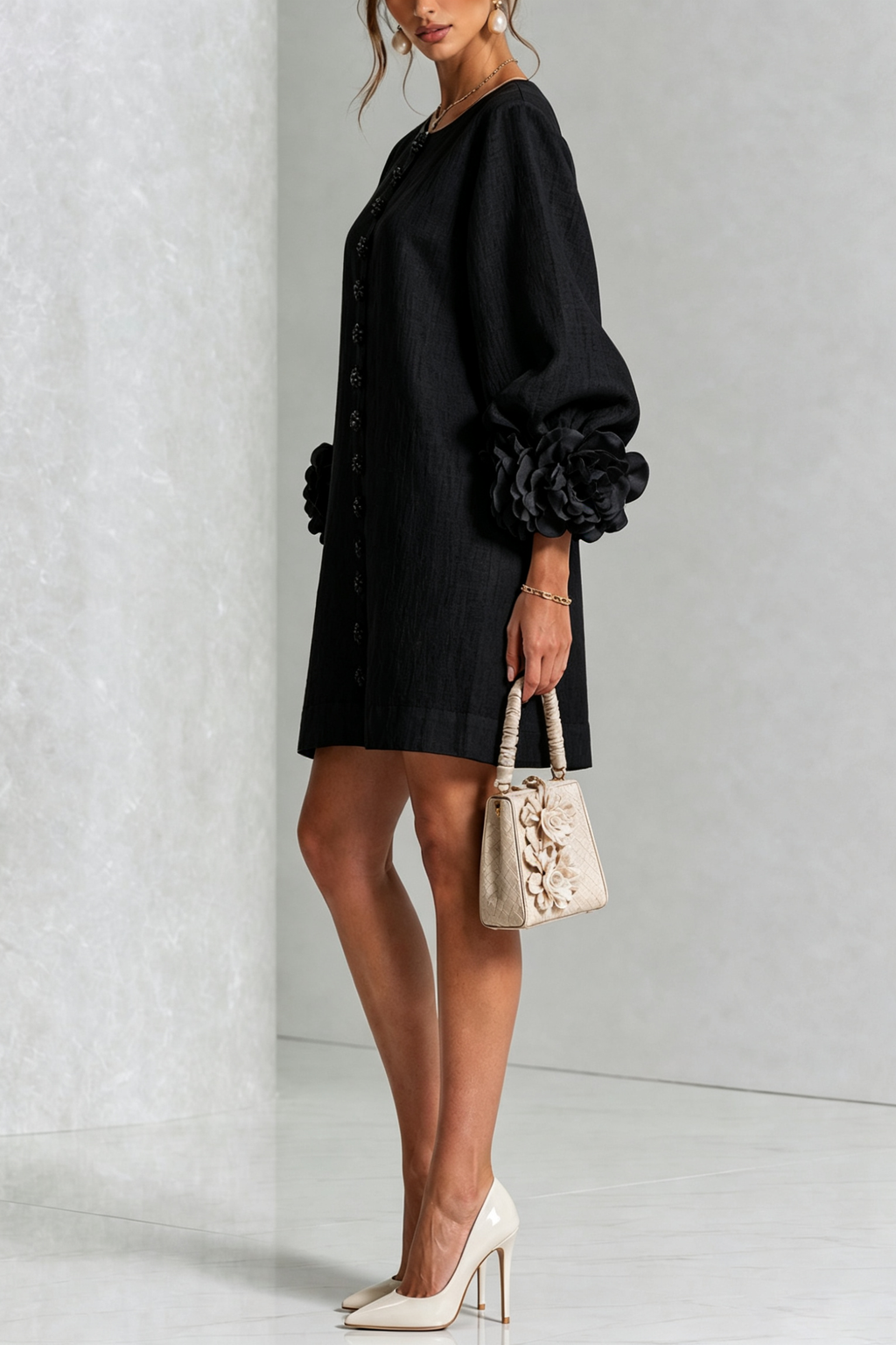 Black Floral Cuff Button Front Mini Dress