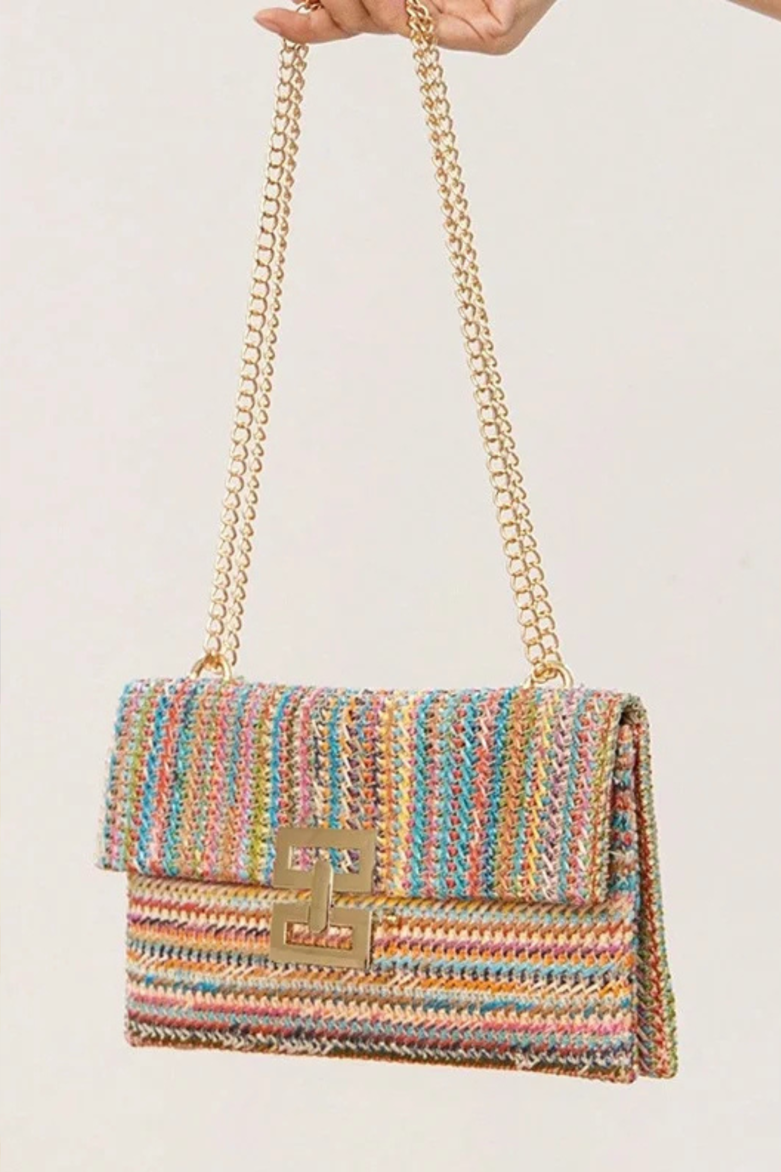 Woven Straw Chain Lock Shoulder Bag