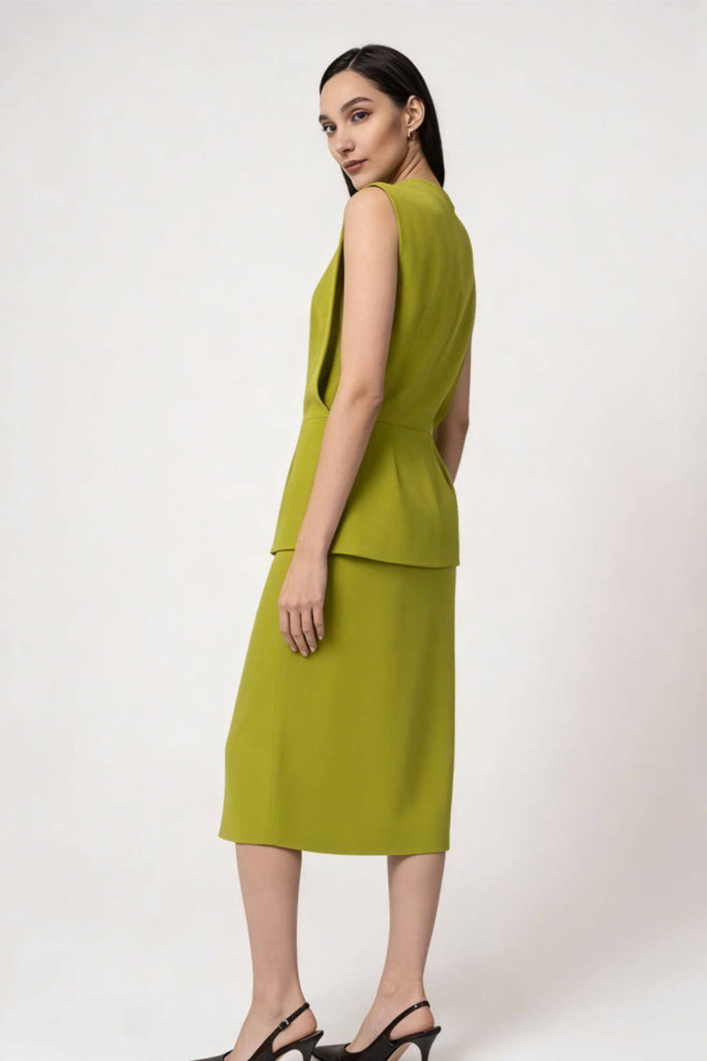 Olive Green Sleeveless Peplum Flare Midi Dr