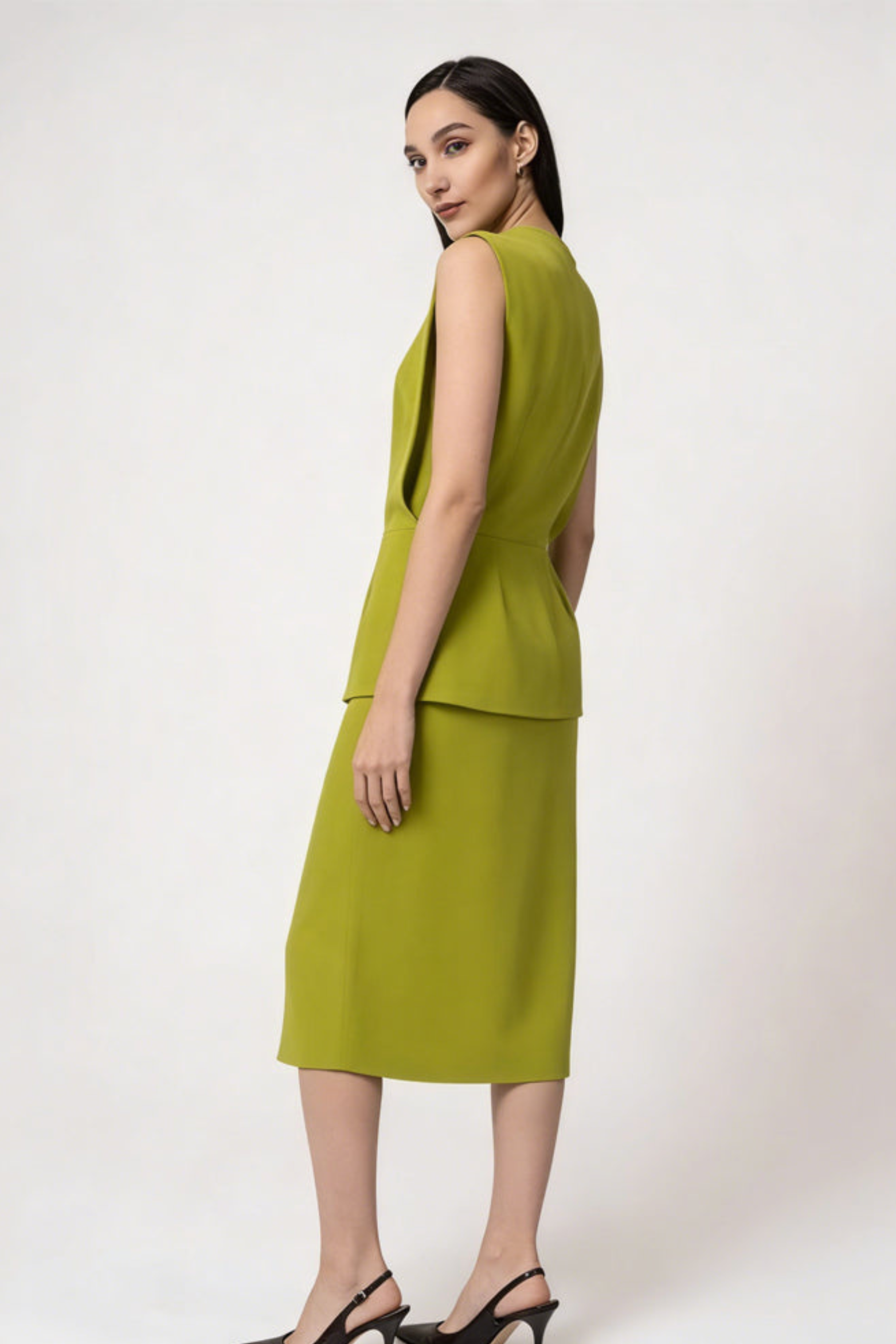 Olive Green Sleeveless Peplum Flare Midi Dr
