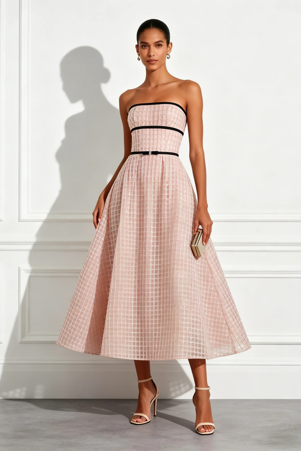 Plaid Sequin Bow A Line Midi Dress