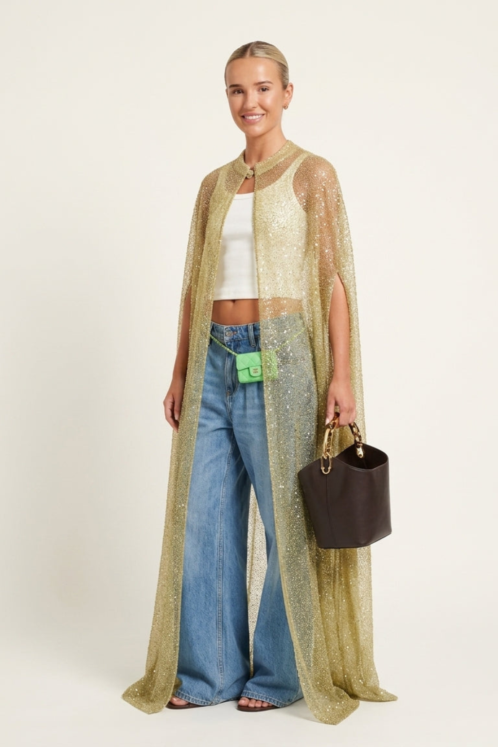 Sheer Sequin Long Cape