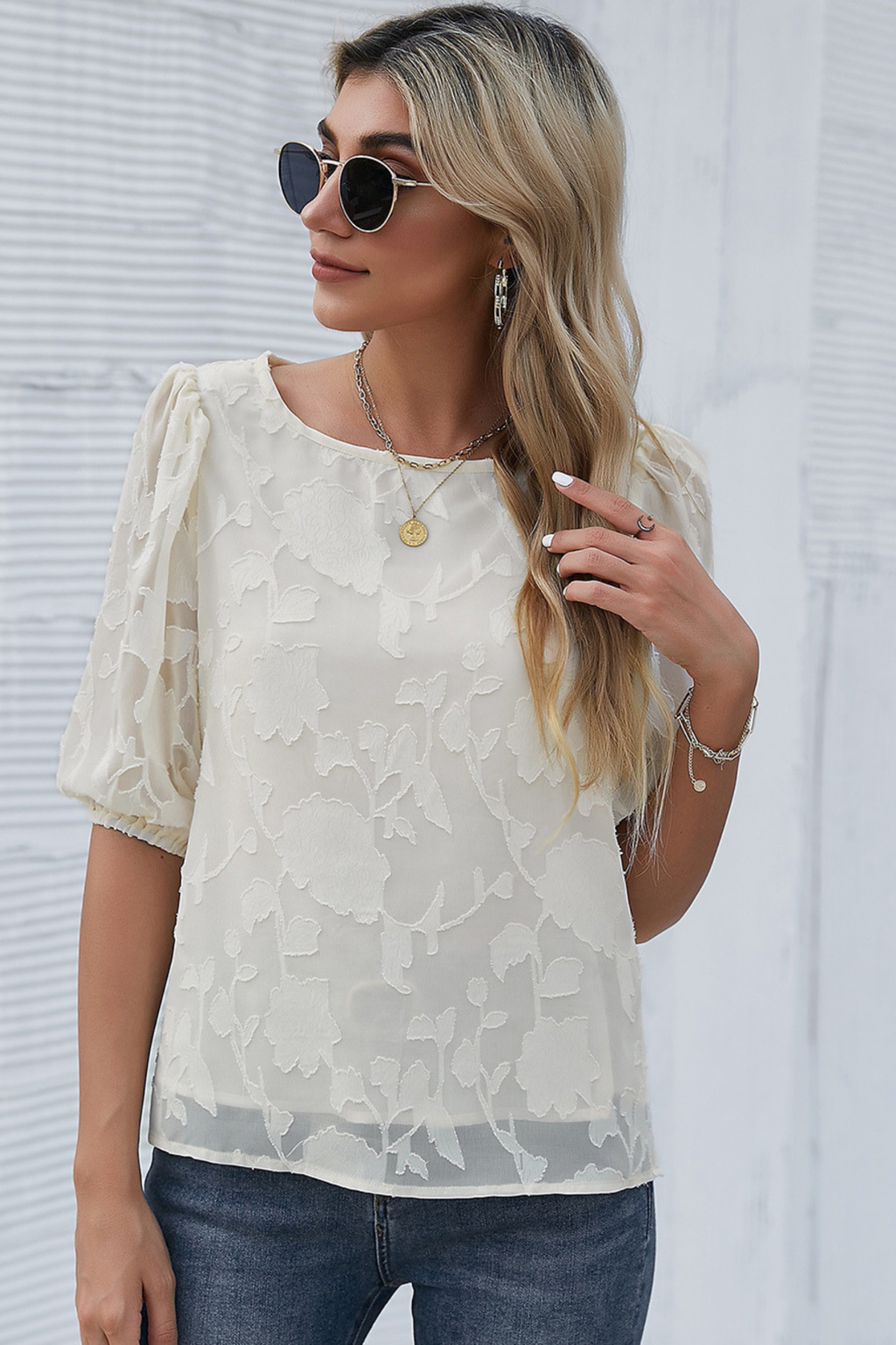 Floral Puff Sleeve Crew Neck Blouse