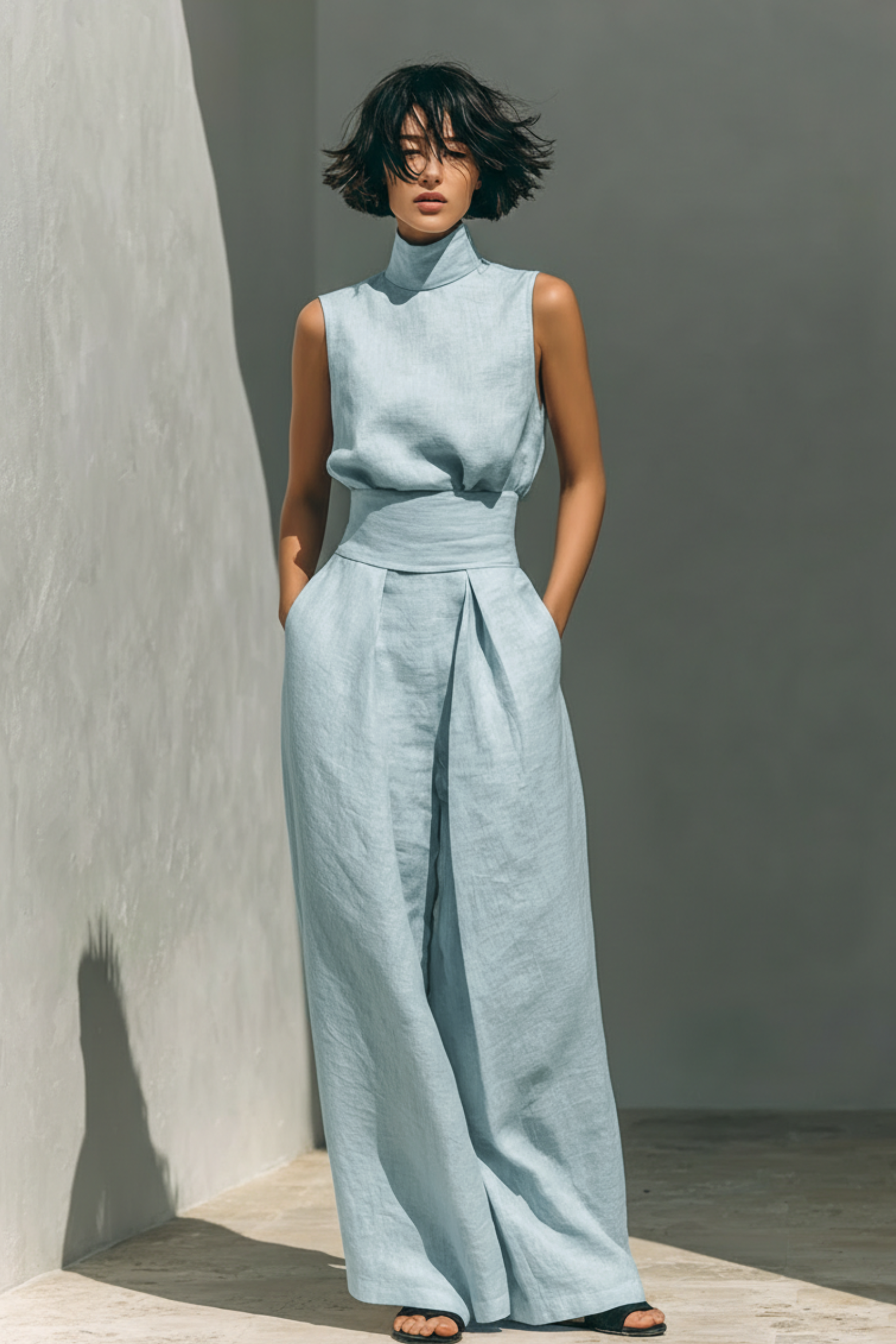 Linen Blend Sleeveless Top Wide Leg Pants Set