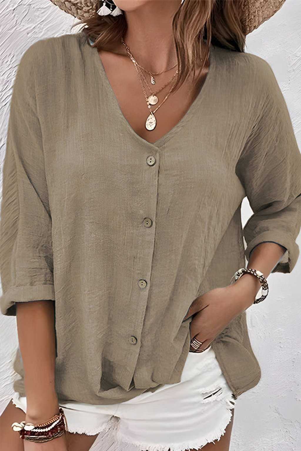 V Neck Button Up Blouse