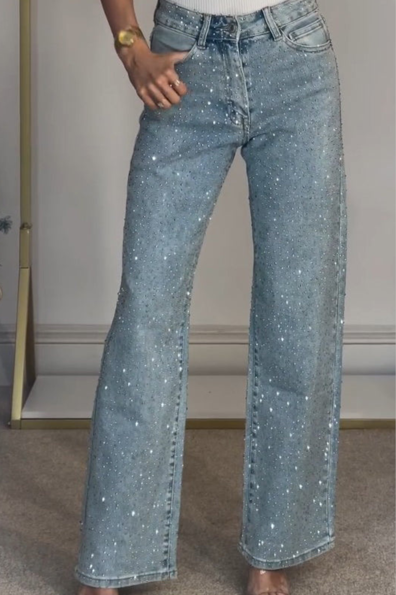 High Rise Embellished Straight Leg Jeans
