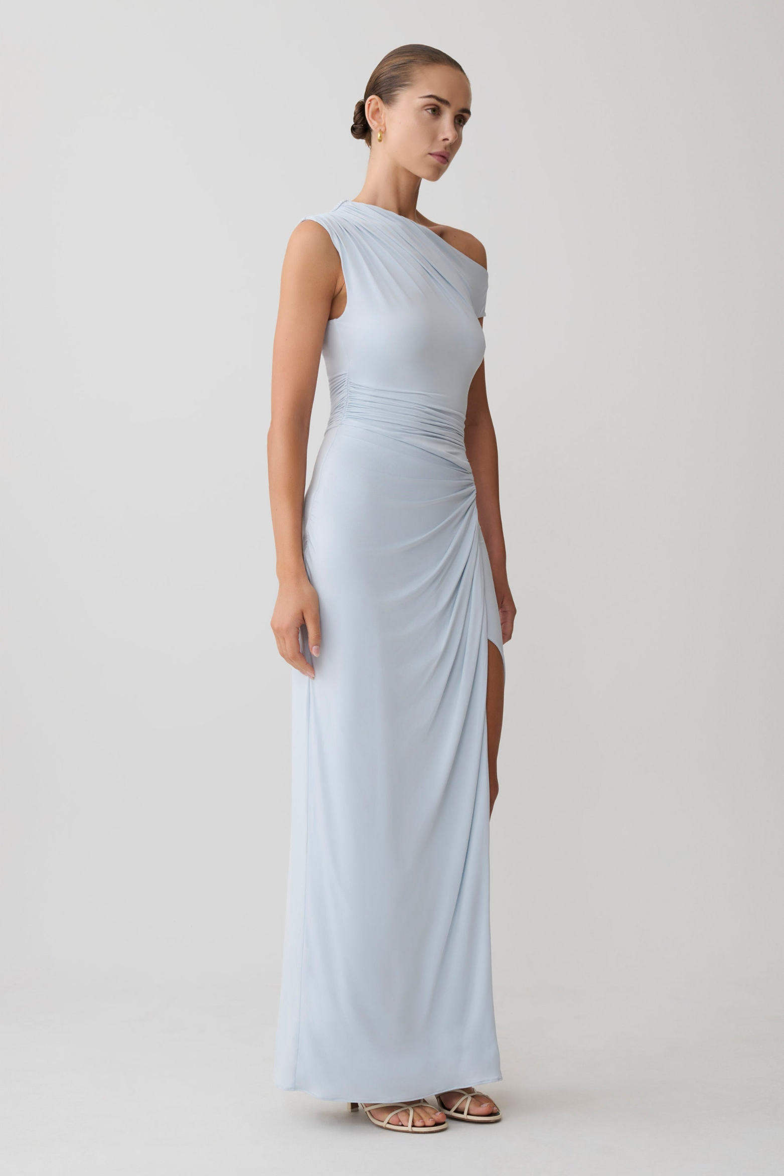 Off Shoulder Draped Maxi Dress - Pale Blue